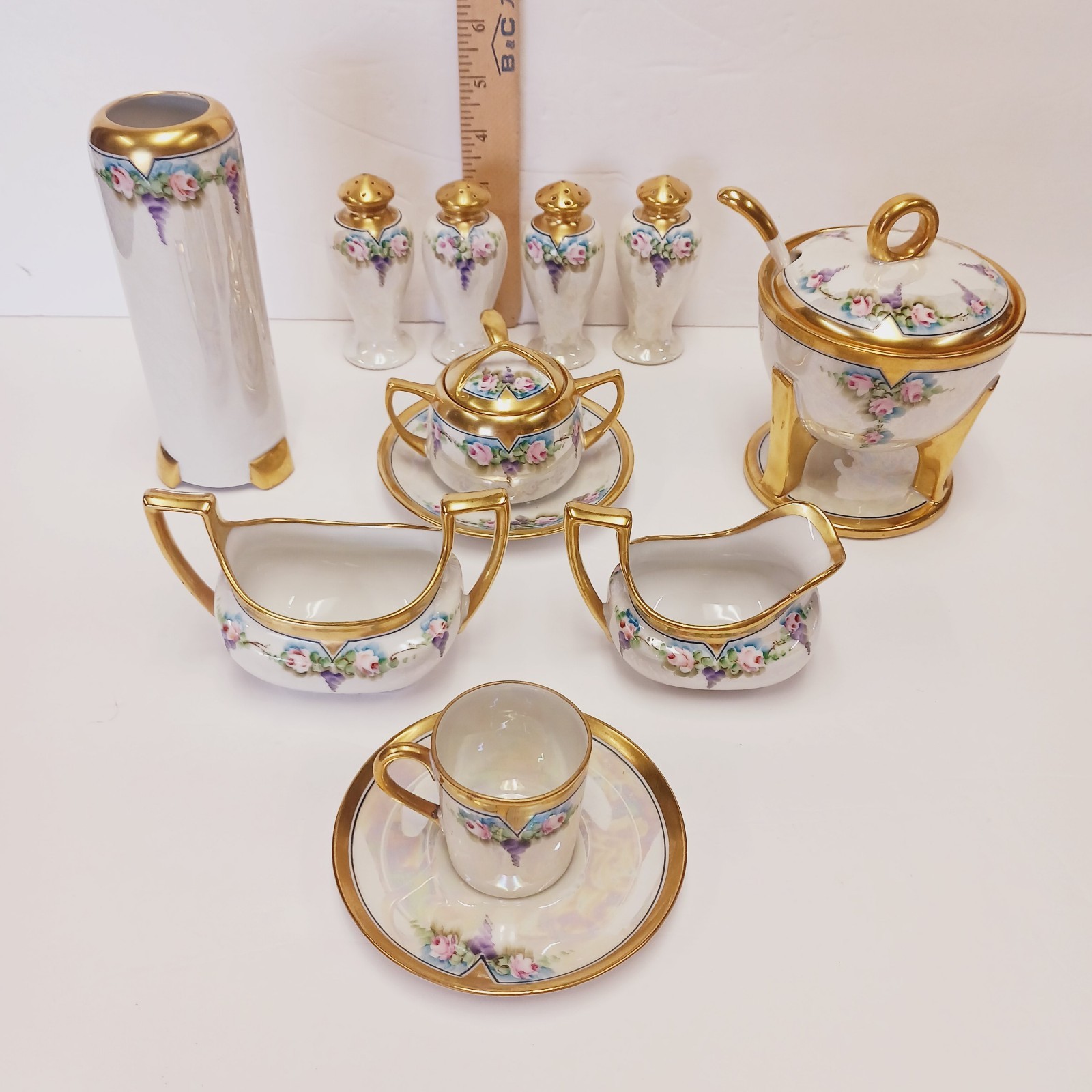 Hand Painted Pink Roses Wisteria Heavy Gold Porcelain Tea Set Lusterware Signed