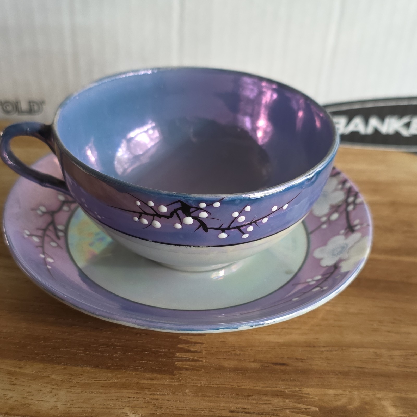 1930\'s Vintage Shofu Japan Tea Cup Saucer Set Purple Cherry Blossom Iridescent 1930\'s Vintage Shofu Japan Tea Cup Saucer Set Purple Cherry Blossom Iridescent
