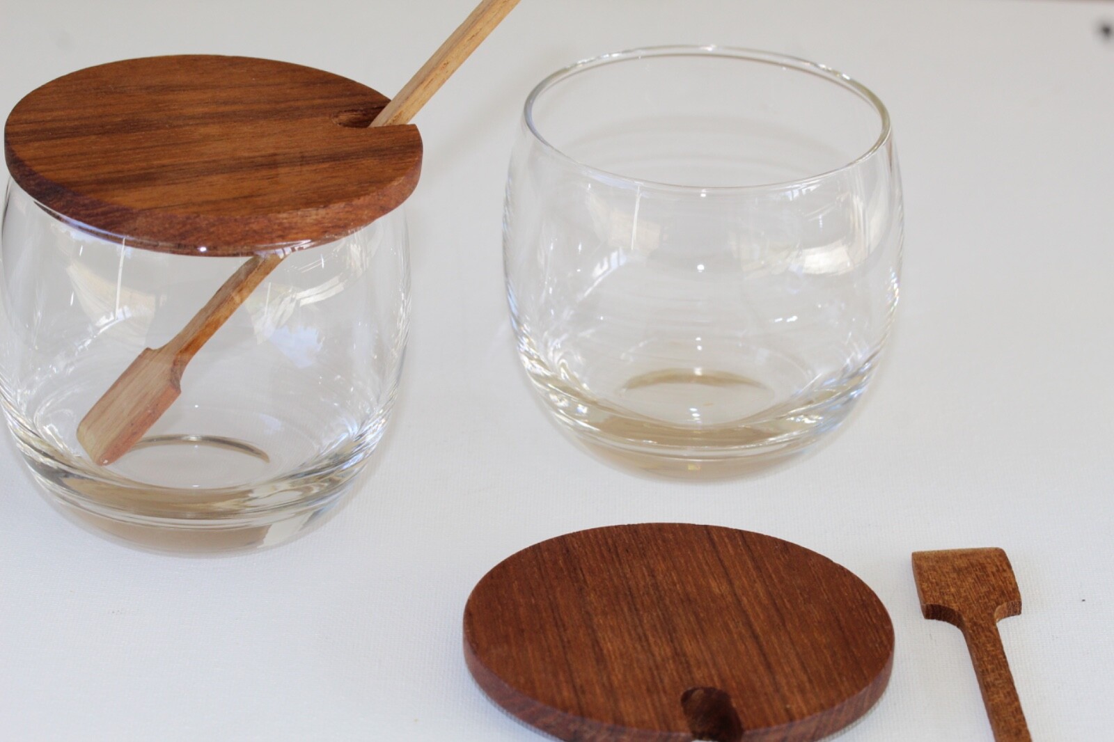 Mid Century Danish Modern 1969 Glass and Teak Condiment Set