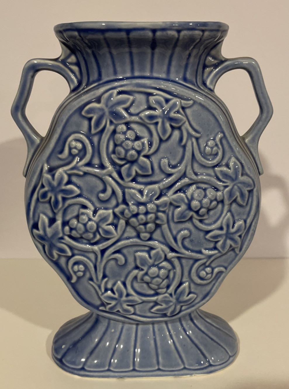 VTG. Ceramic Pottery 2-handled Vase Blue w/Grape Pattern Germany 8
