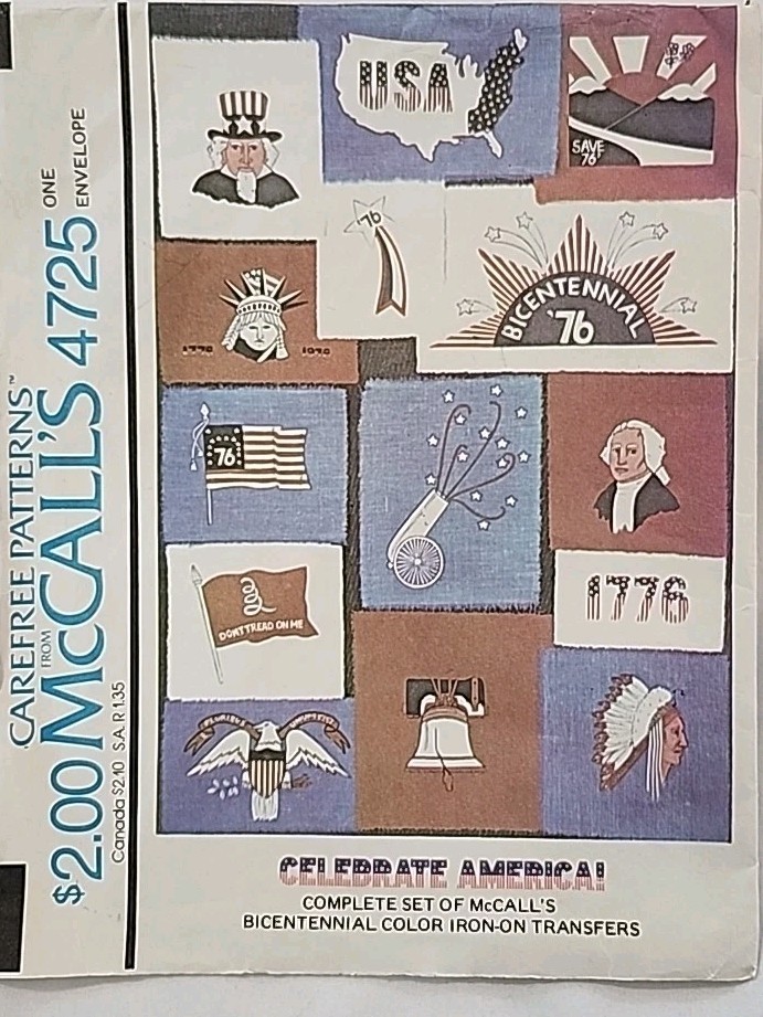 McCall\'s Carefree 4725 Celebrate America Iron On Transfers Uncut 14 Transfers EC