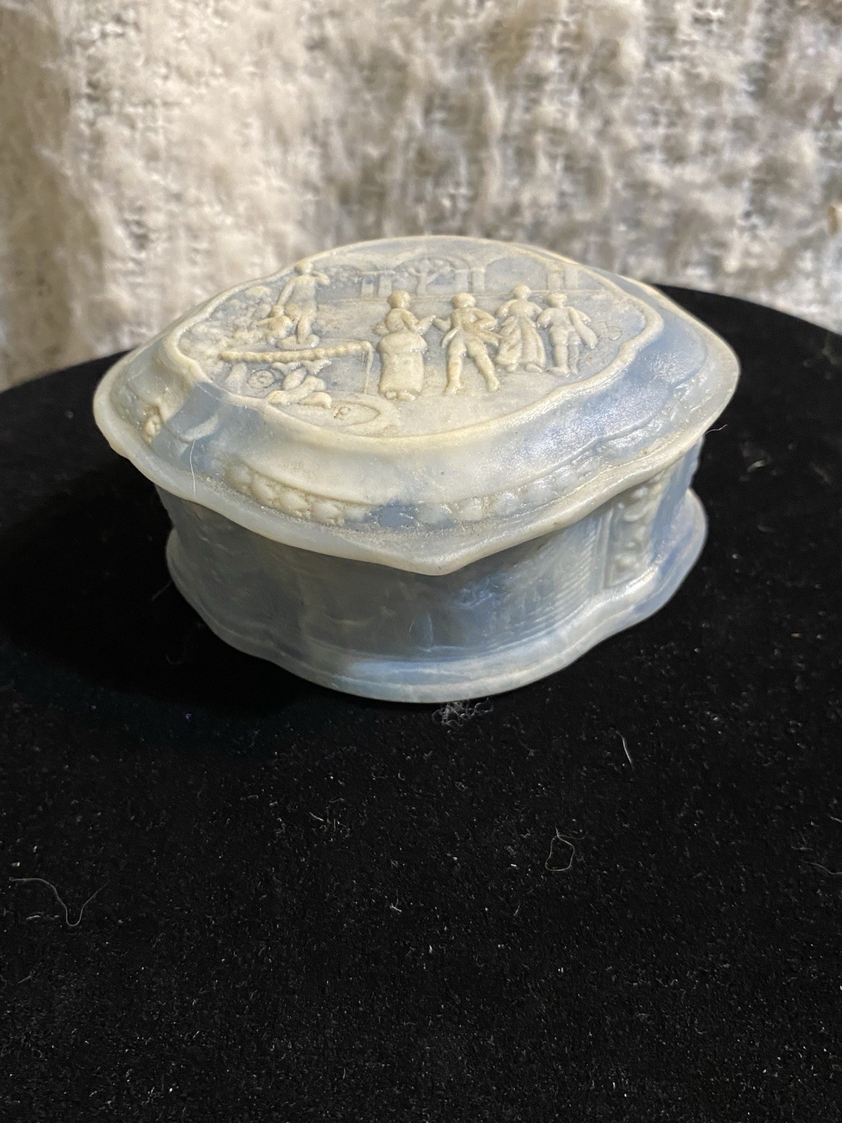 Genuine Incolay Stone Jewelry Box Courtly Fountain Scene Blue Hinge Back