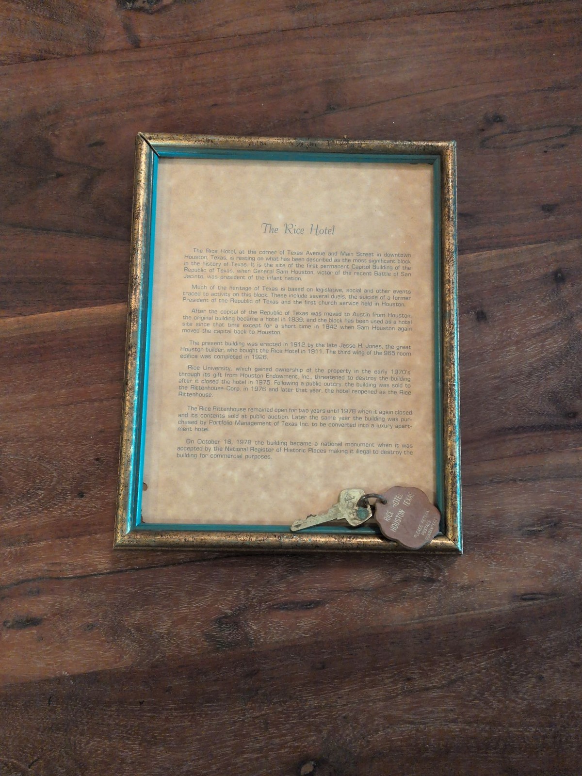 Vintage Rice Hotel Houston Framed History & Room Key Souvenir Vintage Rice Hotel Houston Framed History & Room Key Souvenir