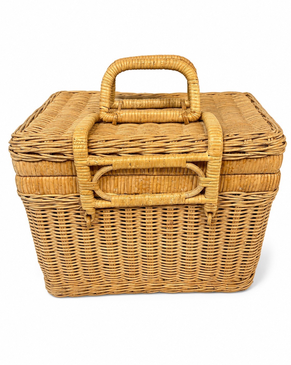 Vintage Adorable, Mid Century Wicker Or Ratan Picnic Basket Boho 13X8.5X10”
