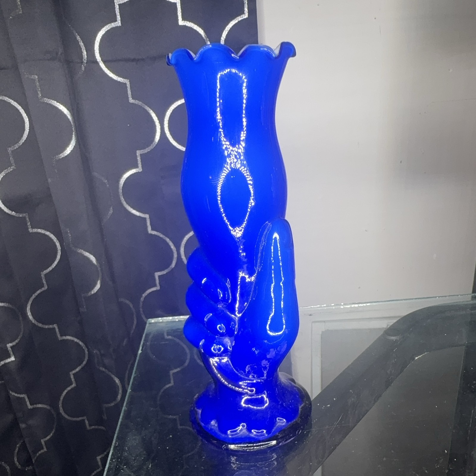 Hand Vase Cobalt Blue White Glass Victorian Ruffled Hand Holding Vase