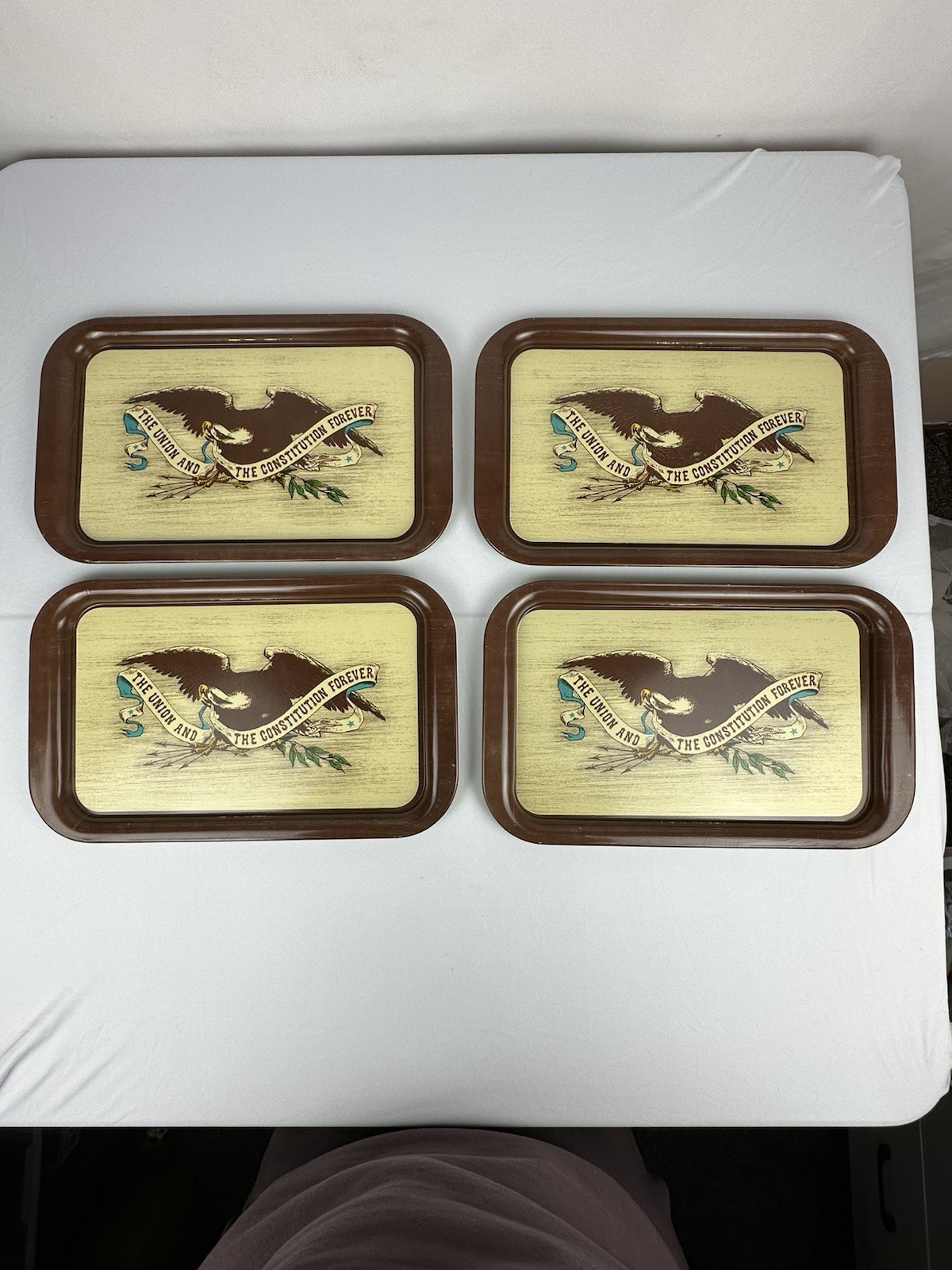 4 Vintage Metal Eagle Trays – “The Union & The Constitution Forever” Patriotic 4 Vintage Metal Eagle Trays – “The Union & The Constitution Forever” Patriotic
