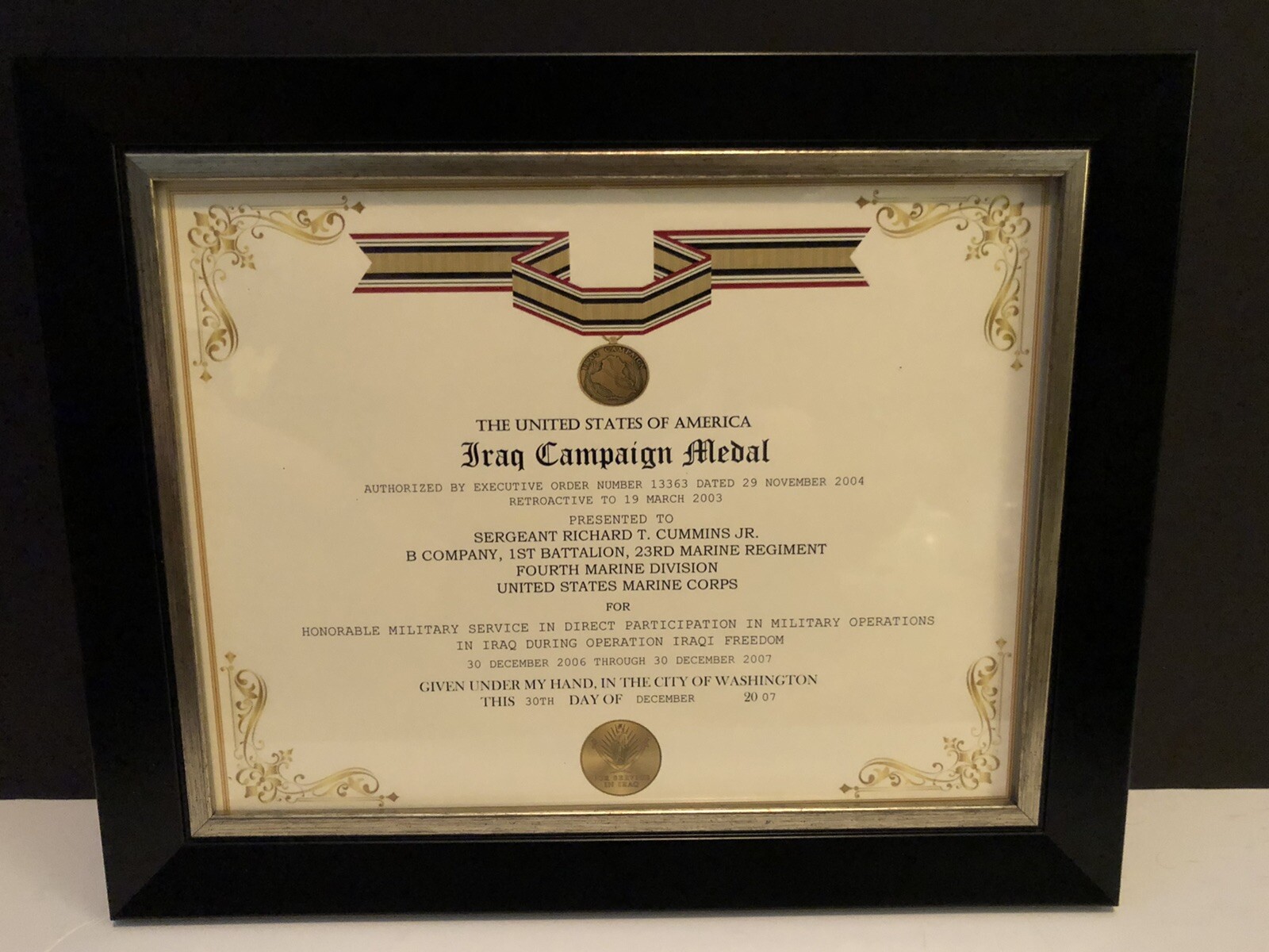 IRAQ CAMPAIGN MEDAL COMMEMORATIVE CERTIFICATE w/Free Printing