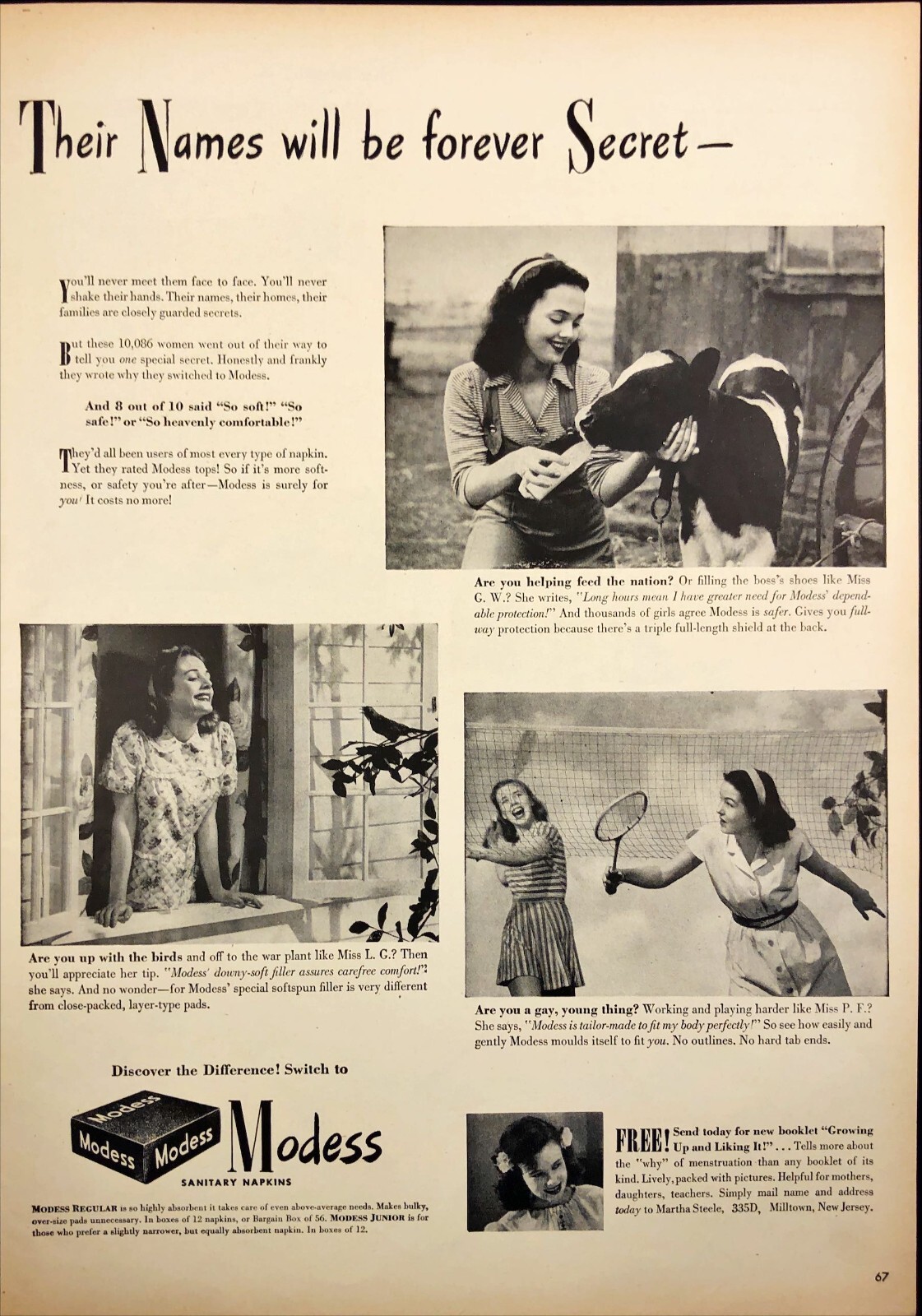1944 Modess Sanitary Napkins Women Growing Up and Liking It Vintage Print Ad
