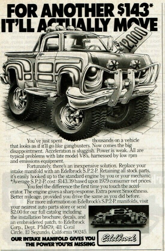 Vintage Print Ad 1979 Edelbrock S.P.2-P Intake Manifold Replace V8s Power Engine