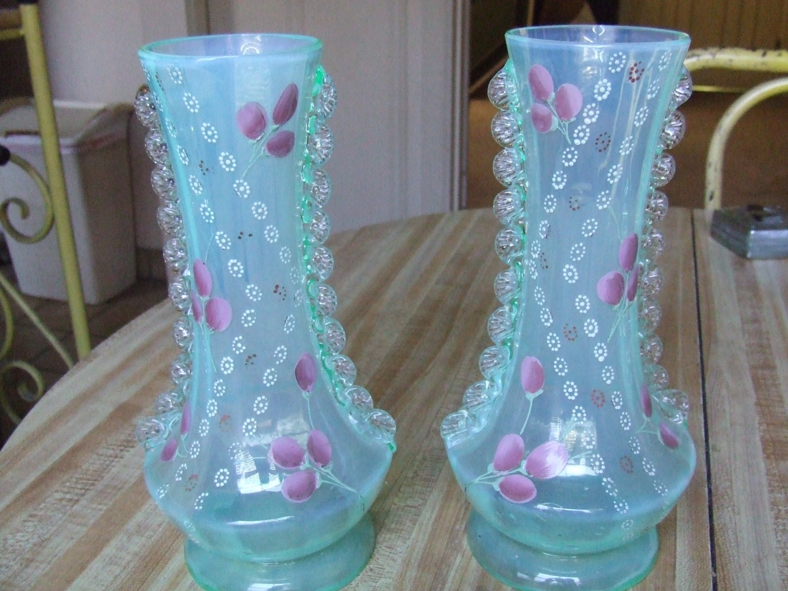 Antique Matched Teal Art Glass Ribbed Vases