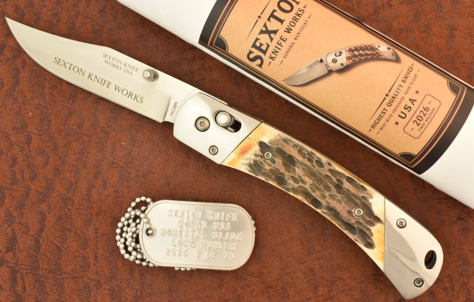 SEXTON KNIFE WORKS USA 2026 BONESTAG SLIDE LOCK HUNTER KNIFE 1 of 75 SKW ETCH