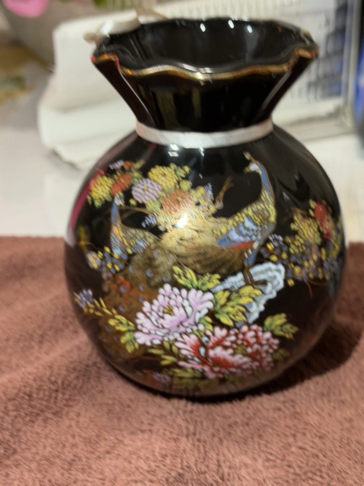 vintage japanese porcelain Vase Black Gold Birds Floral Hand Decorated Japan