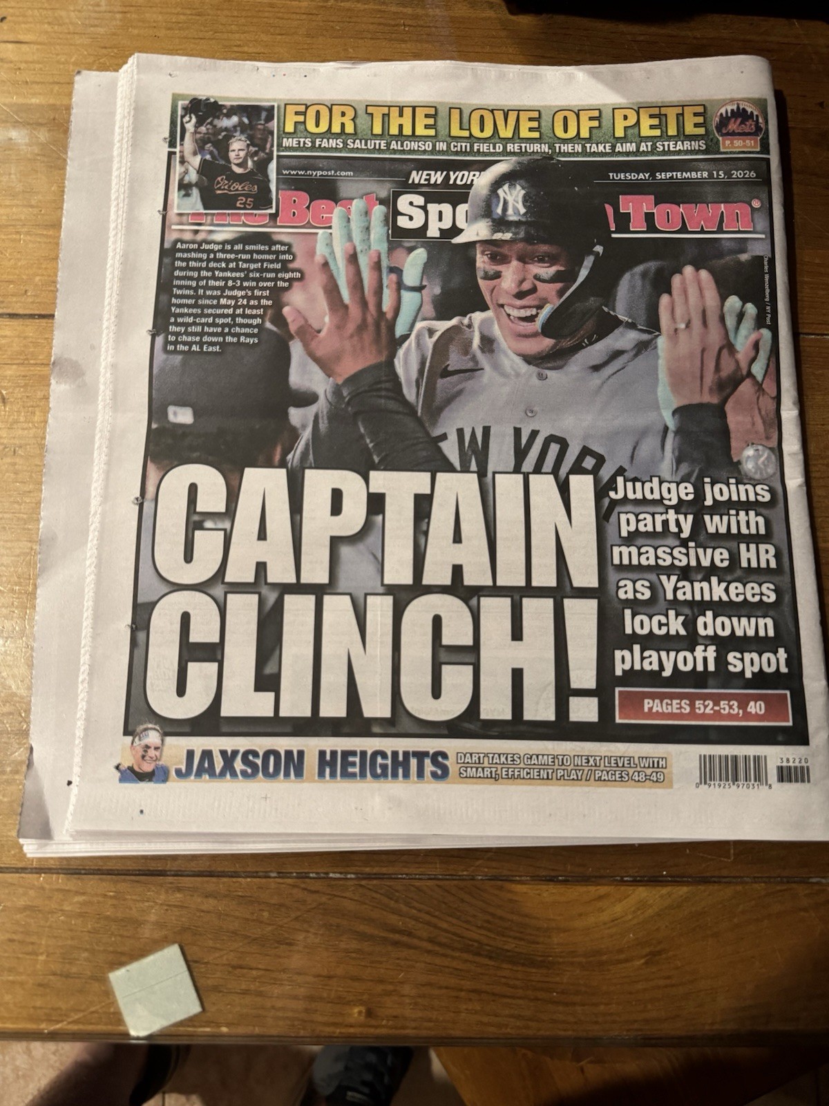 NY Post Sept 15 2026 Aaron Judge CAPTAIN CLINCH Yankees Playoffs Newspaper