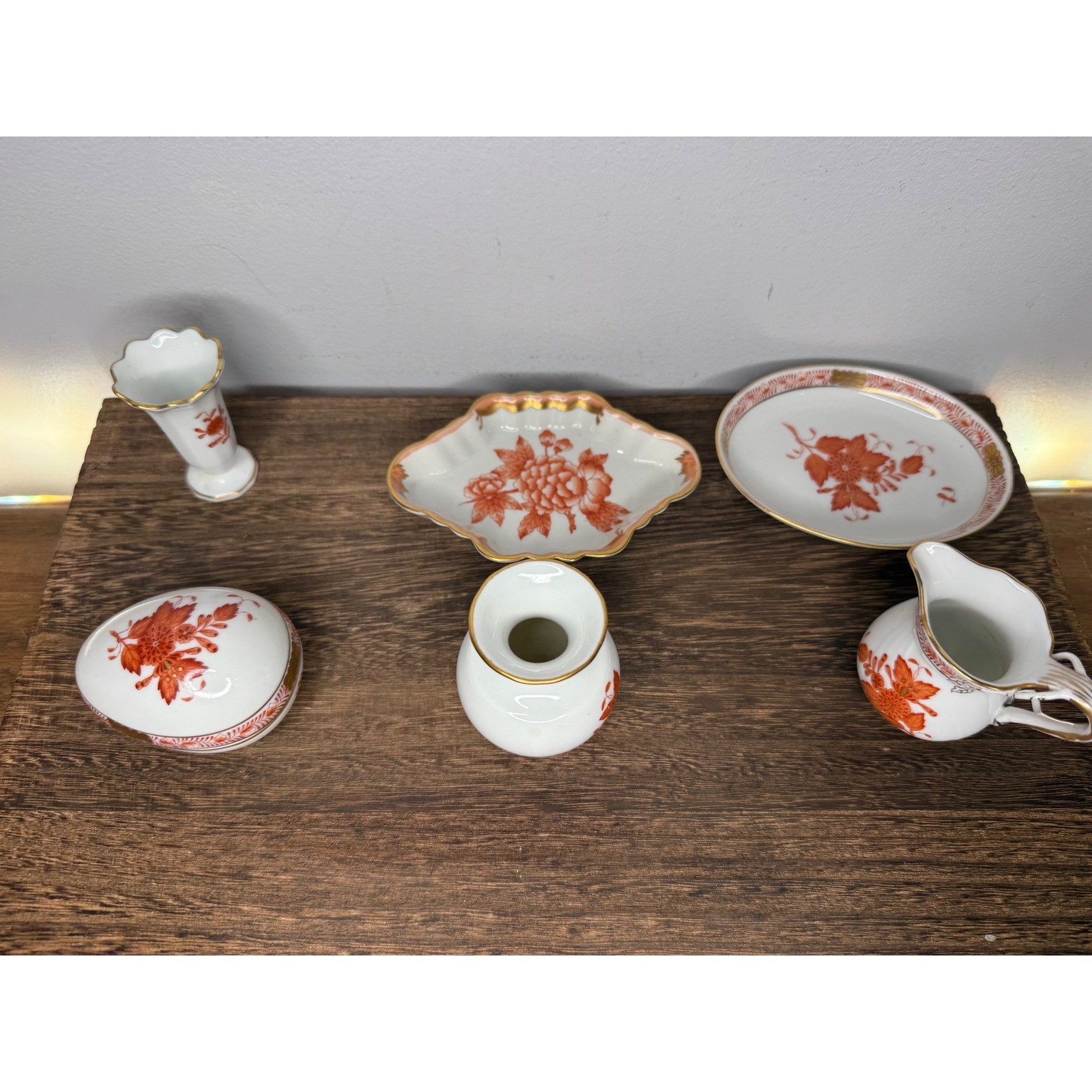 Lot of 6 Herend Hungary Porcelain Egg Trinket Box Creamer Vase Orange Floral