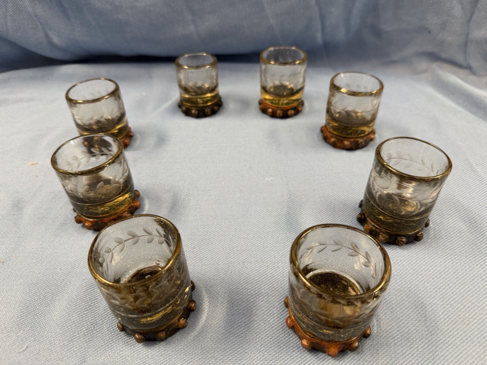 Vintage Jan Barboglio Zackshot Bar Glasses Iron Base Etched Glass Set Of 8