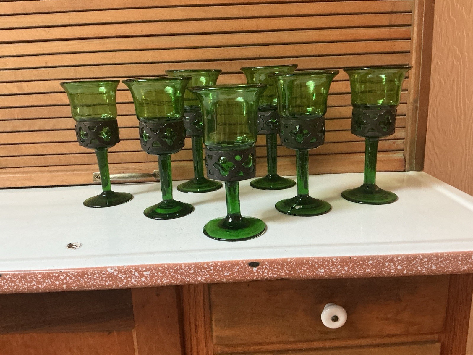 VTG Handblown Metal Caged Green Bubble Stemmed Glasses Lot/7