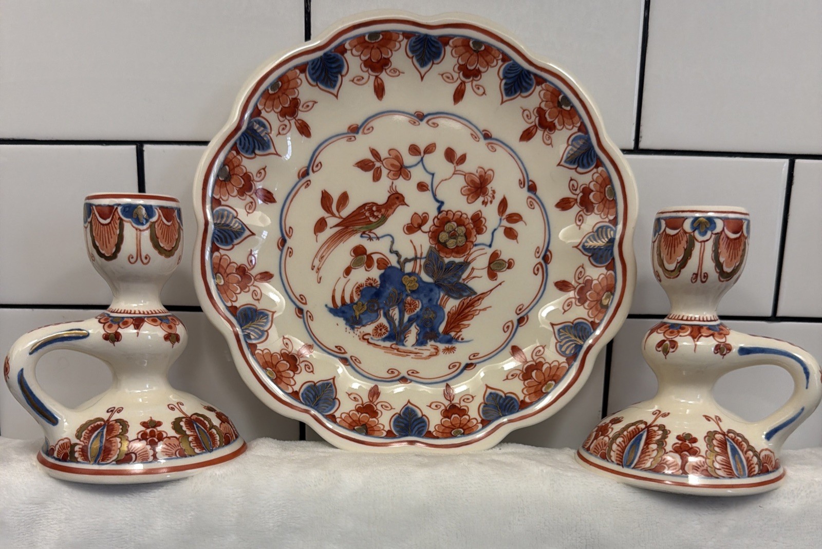 3pc Royal Delft De Porceleyne Fles Pijnacker Plate & Chambersticks Candlesticks 3pc Royal Delft De Porceleyne Fles Pijnacker Plate & Chambersticks Candlesticks
