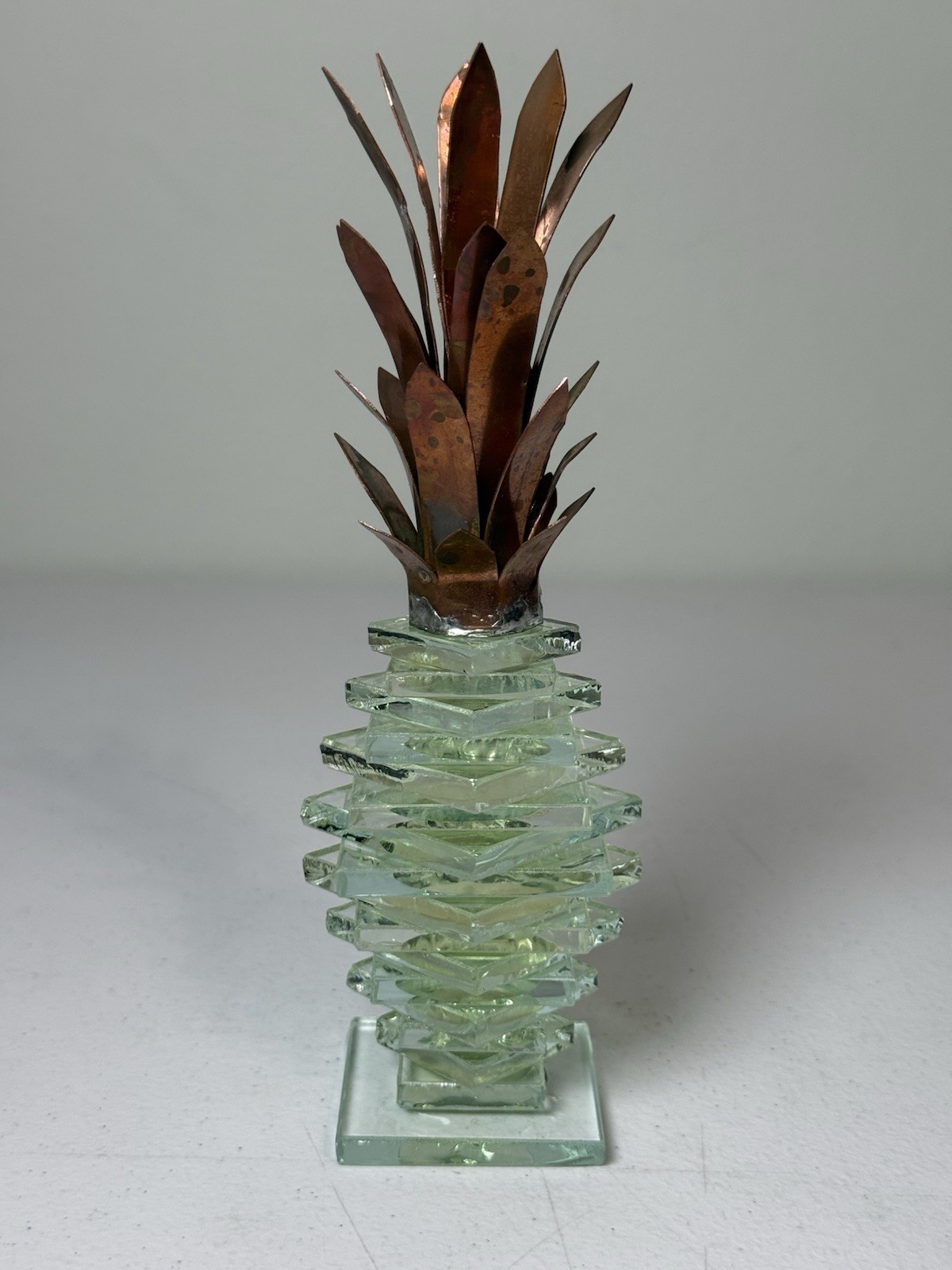 Vintage 1980s Stacked Glass Pineapple Sculpture Art Deco Verdigris Brass Crown