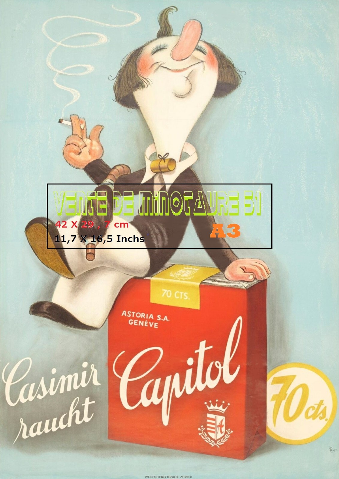 Capitol Cigarettes - 1940 Casimir Raucht - Switzerland - A3 Laminated Capitol Cigarettes - 1940 Casimir Raucht - Switzerland - A3 Laminated