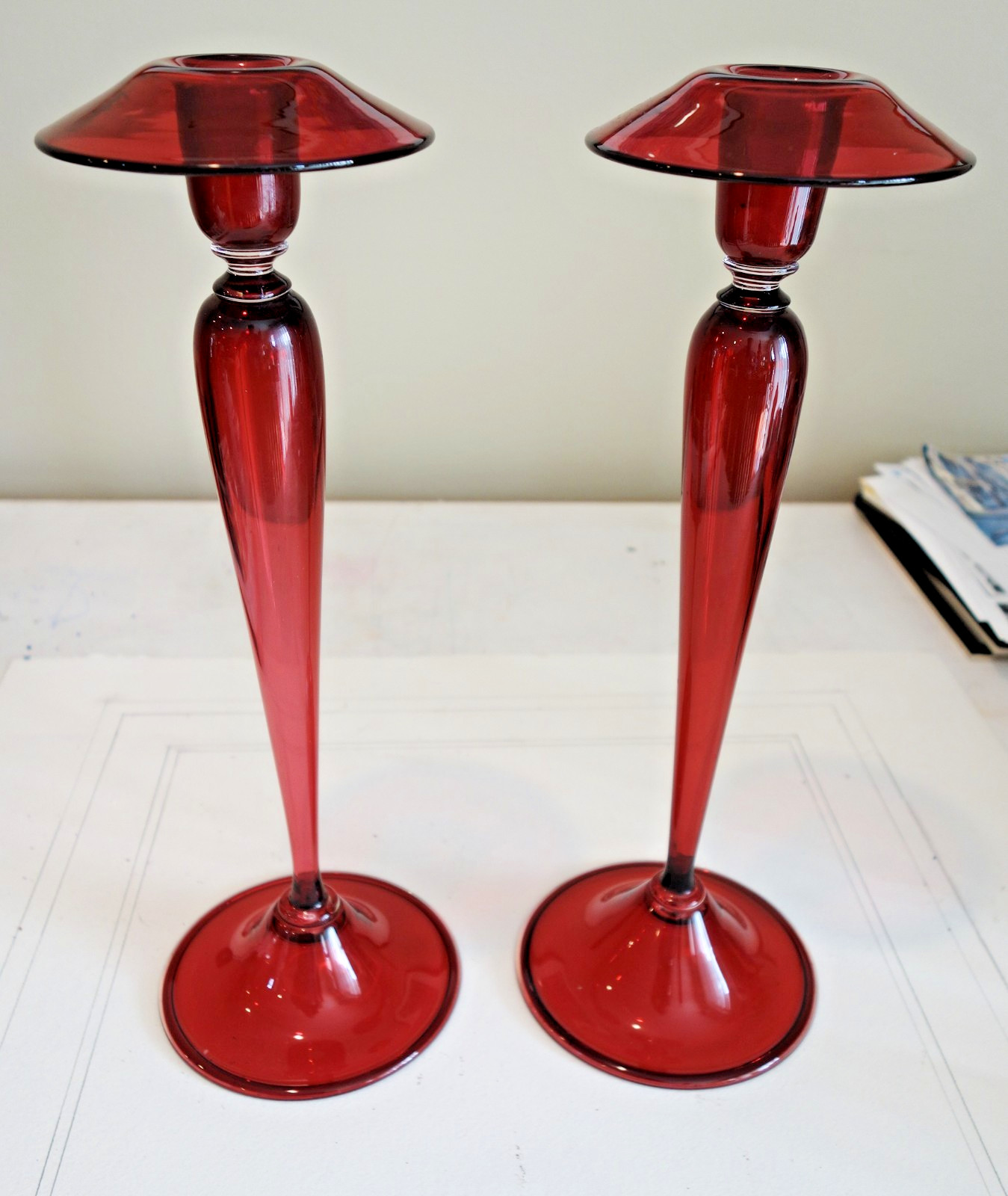 Truly Superb Pair of Signed Steuben Candlesticks, 15 in. Selenium Red, Flawless