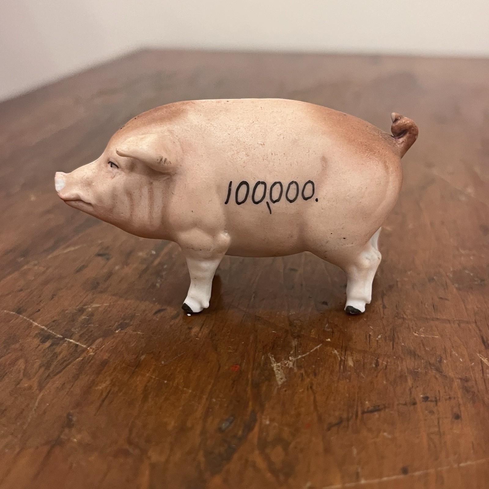 Vintage rare Small Porcelain Standing Pink Pig Hand, 100,000 Signed On Side