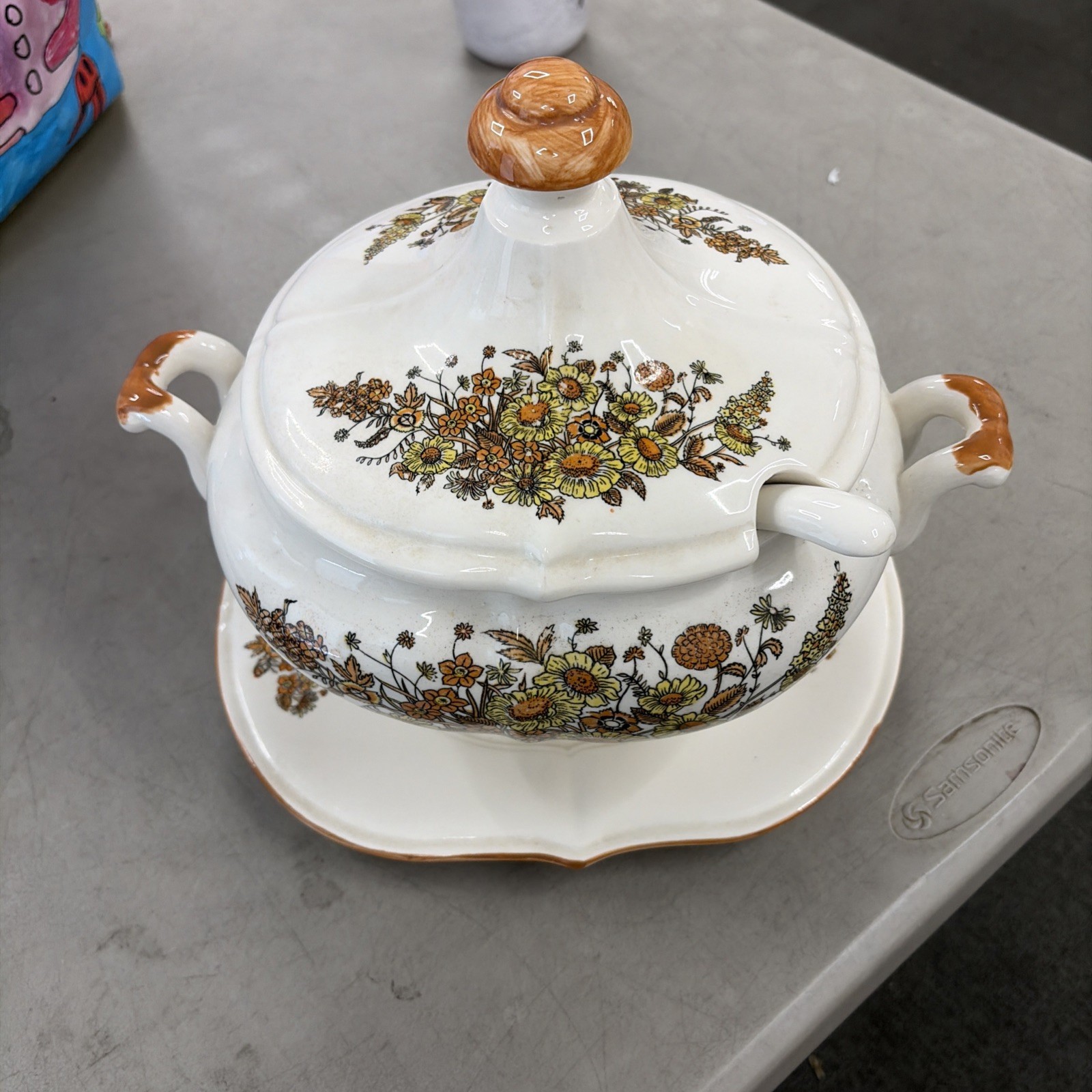 VTG porcelain floral tureen lid underplate Platter Tray Spoon Ladle Complete 4pc