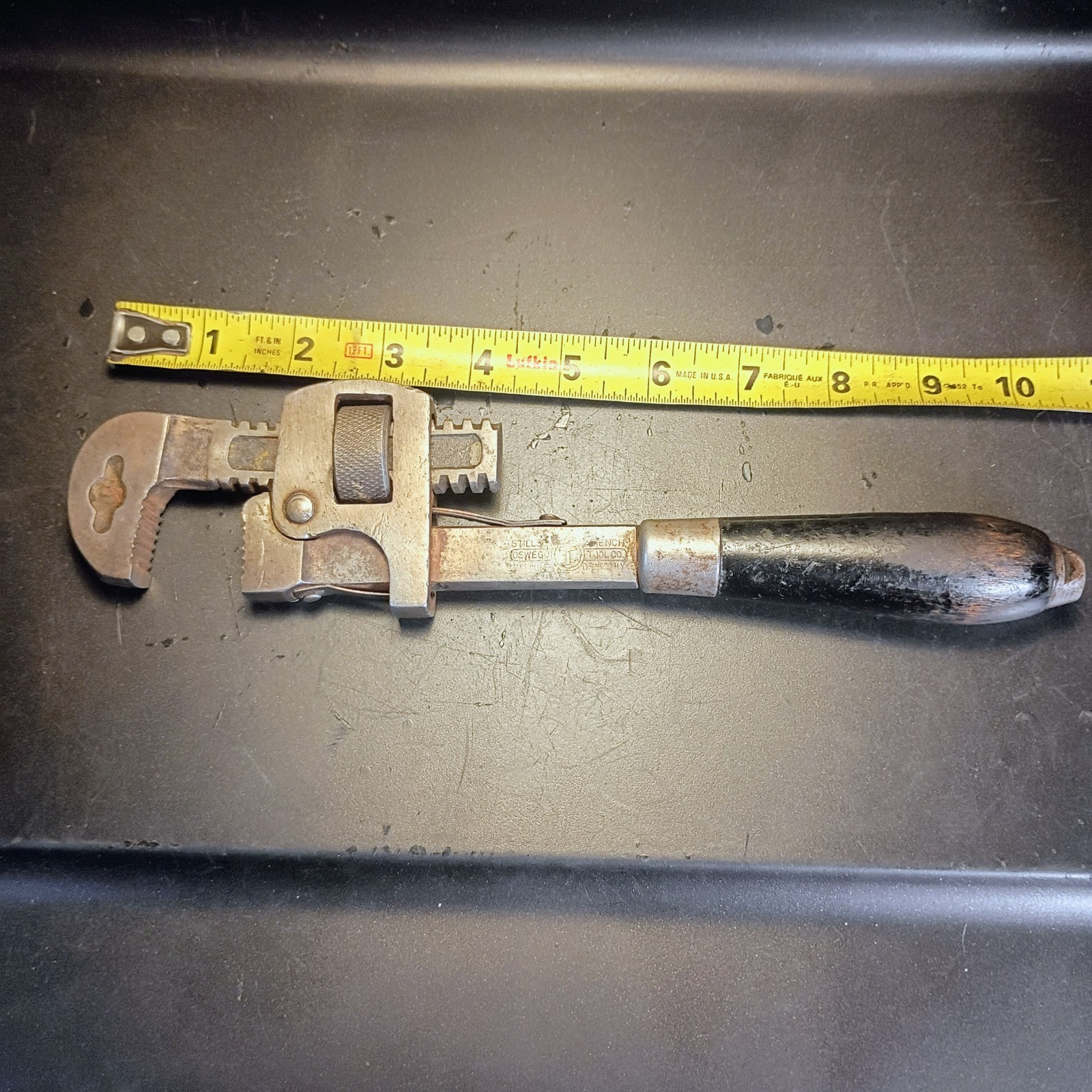 Antique 1910s-1920s Stillson Oswego Tool Co. Wood Handled 10 Inch Pipe Wrench