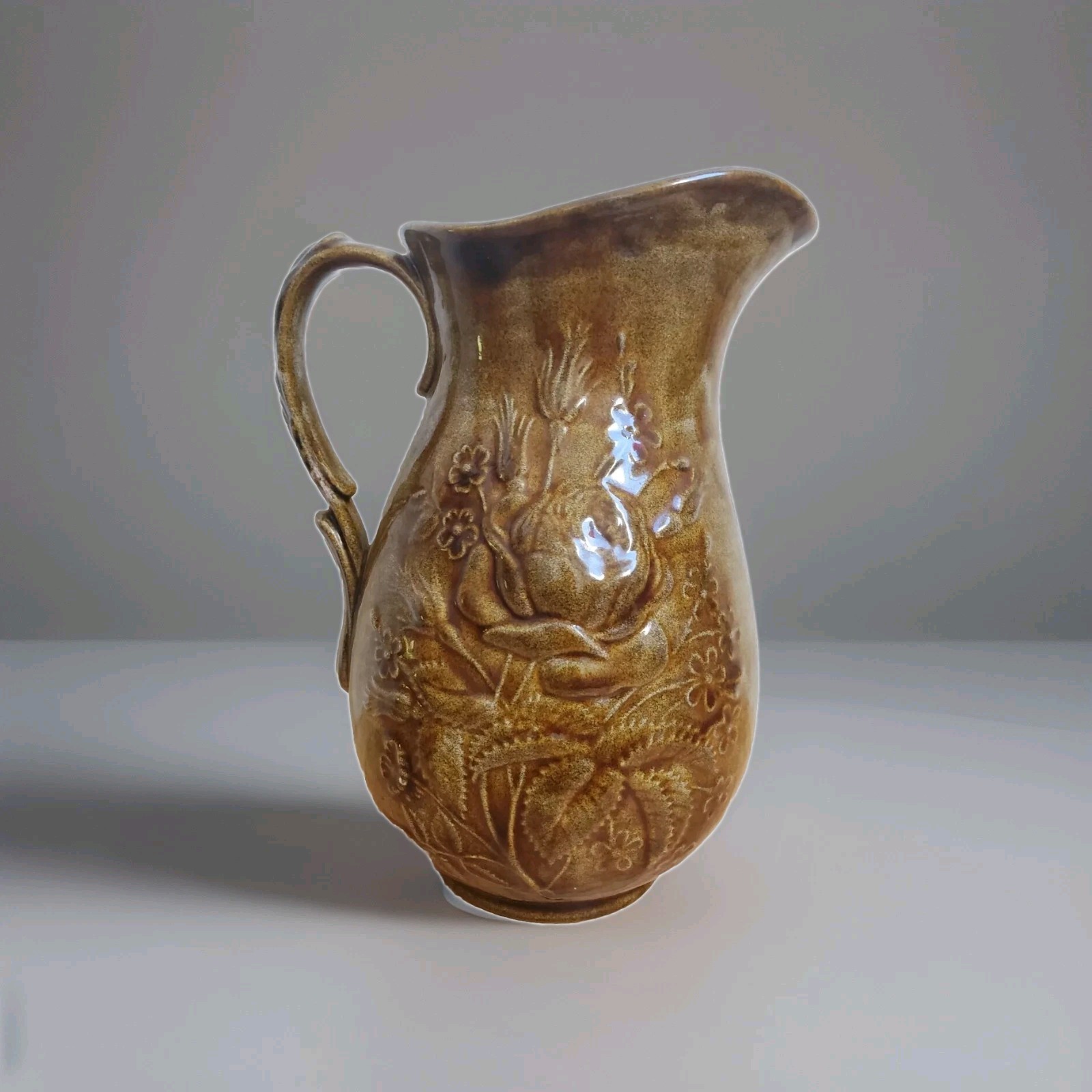 German Pitcher Vase Pottery Brown Glaze 3D Floral Flower Jug Signed Chipped