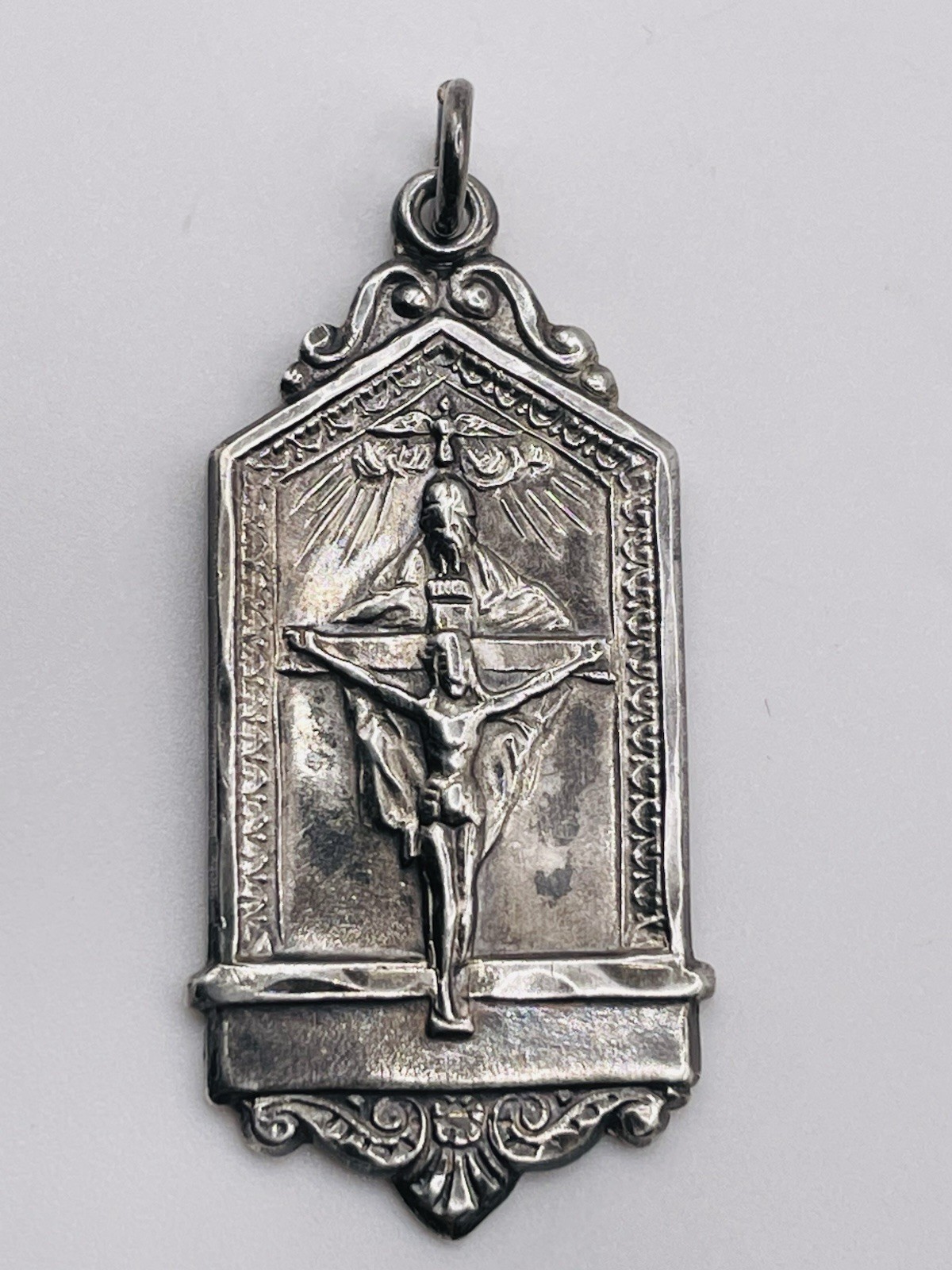 Vtg. Sterling Holy Trinity Crucifix Pendant Inscription of a Prayer on Back