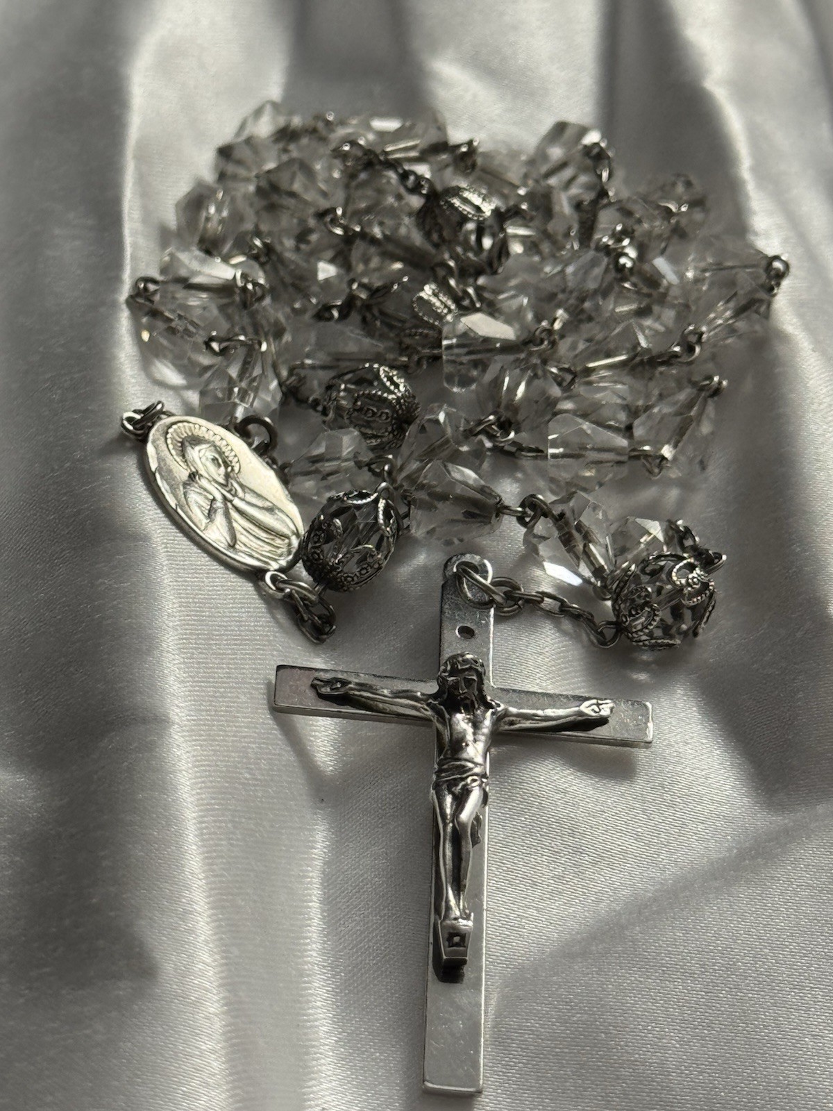 Vintage AFCO Sterling Silver Faceted Crystal Bead Catholic Rosary\