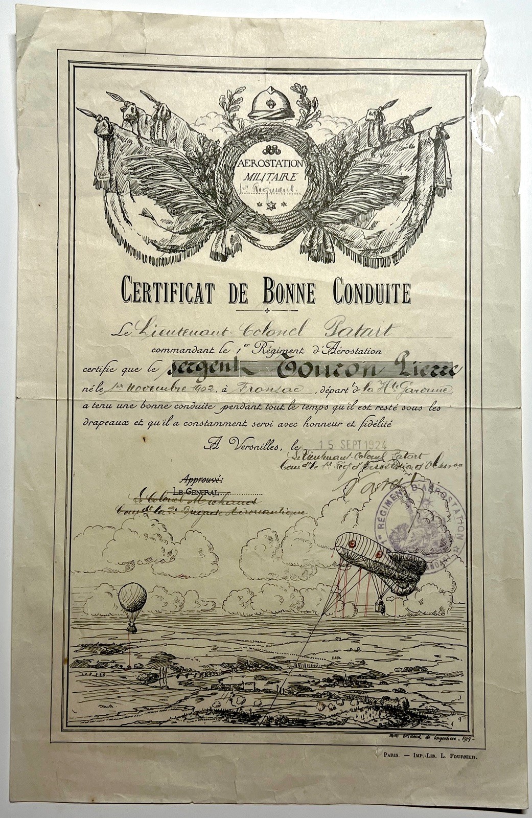 1924 FRENCH AEROSTATION MILITARY BALLOON GOOD CONDUCT CERTIFICATE VERSAILLES SGT