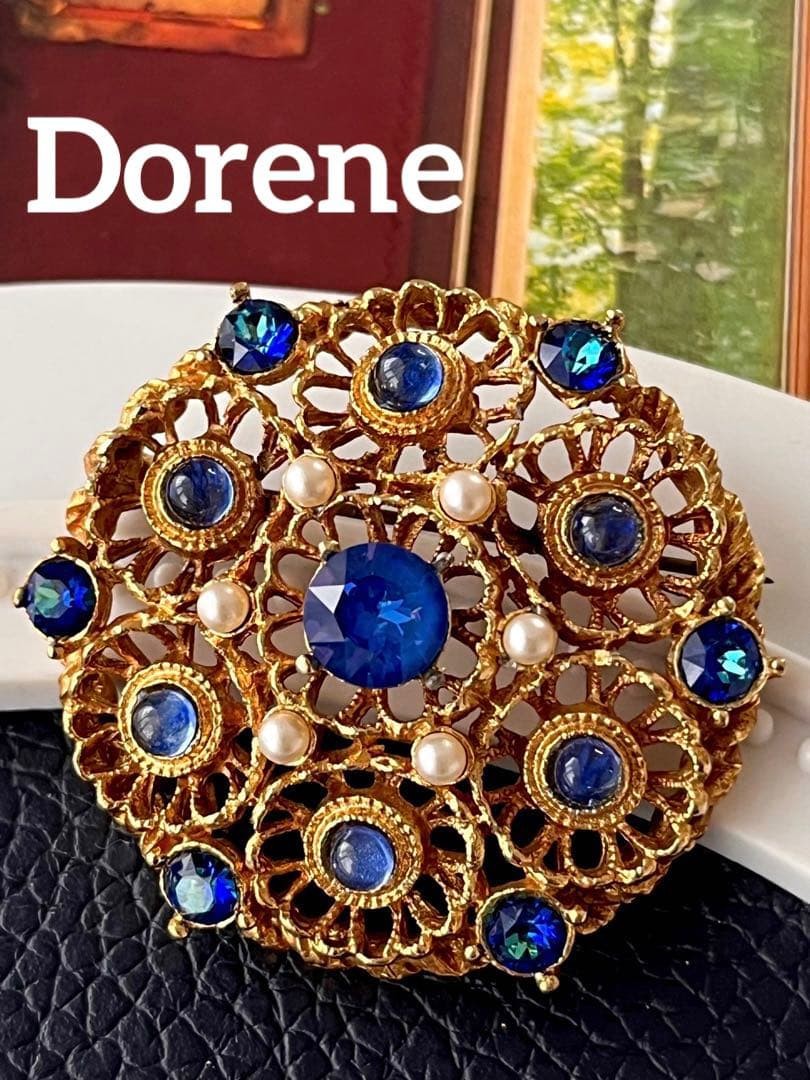 Dorene Vintage Brooch Gold & Blue 1960s-70s Elegant Filigree Collector\'s Item