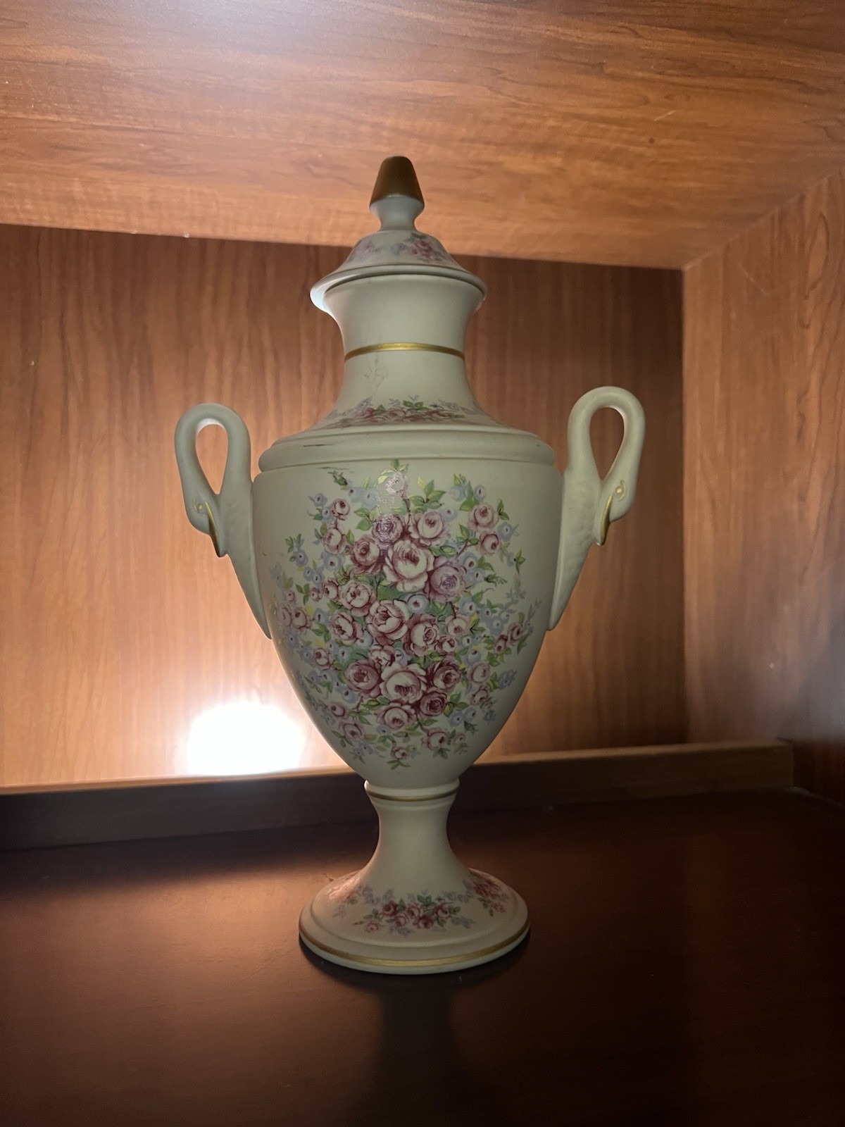 Vintage Ceramica Ibis Aveiro Portugal Lidded Urn Vase Pink Rose Gold Gilt 11.5\