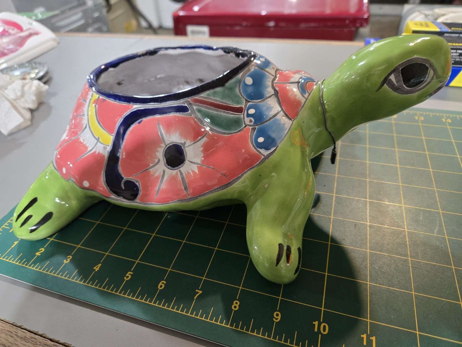 Mexican Hand Painted Turtle Pottery Planter Folk Art Made In Mexico