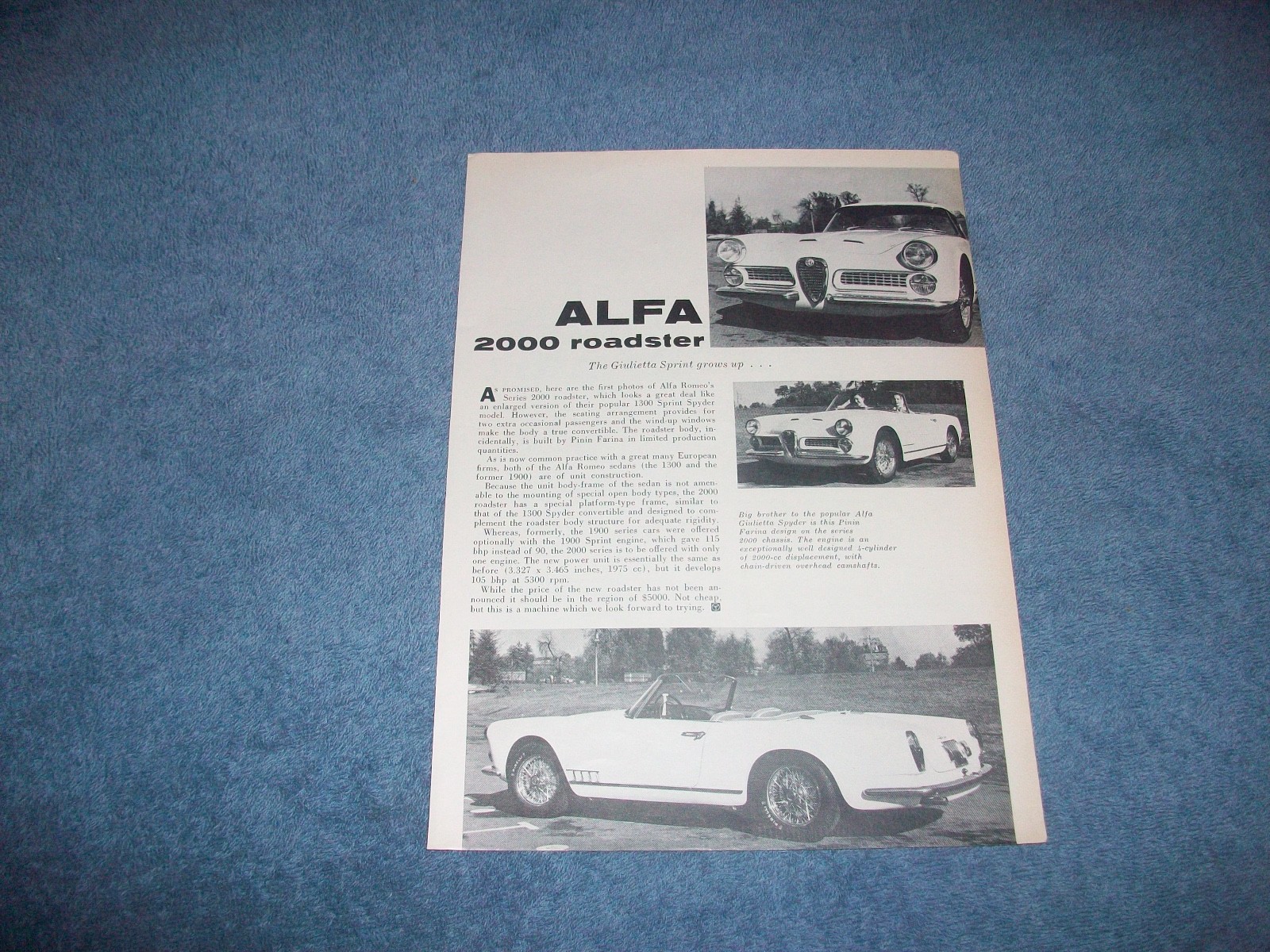 1958 Alfa Romeo 2000 Roadster Vintage Article \
