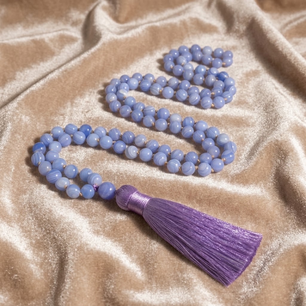 Natural Blue Lace Agate 108 Mala Bead Tassel Necklace Throat Chakra Meditation