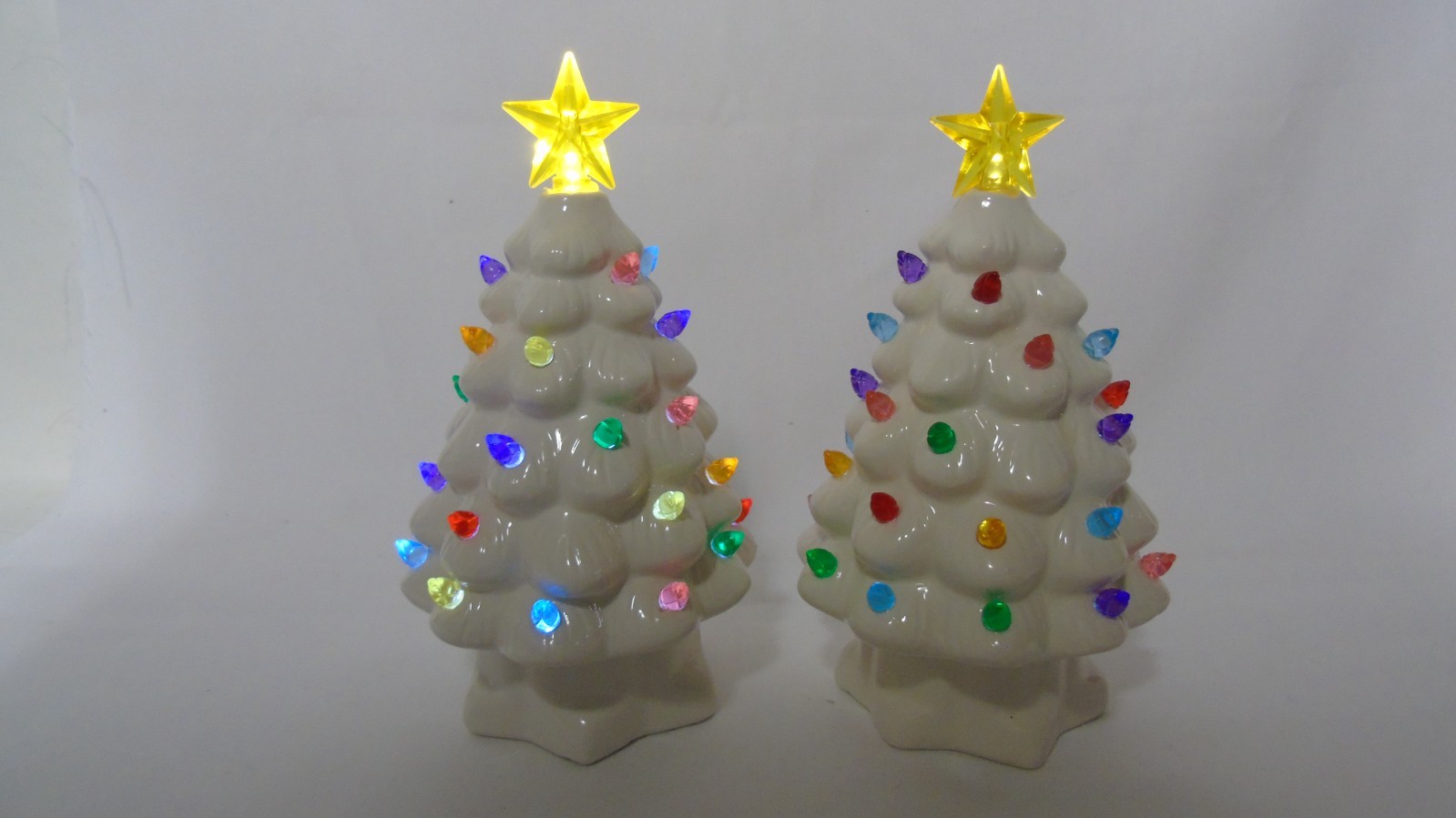 2 Mr. Christmas White Ceramic Lighted Trees c291