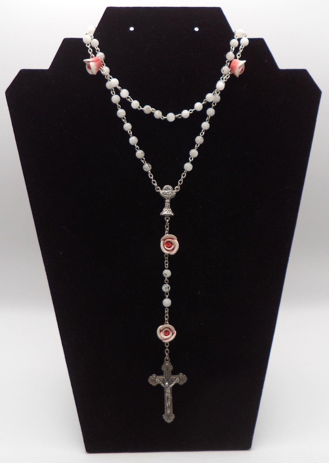 Vtg Millefiori White Glass Floral Rosary 3D Pink Resin Rose Communion Chalice 16 Vtg Millefiori White Glass Floral Rosary 3D Pink Resin Rose Communion Chalice 16