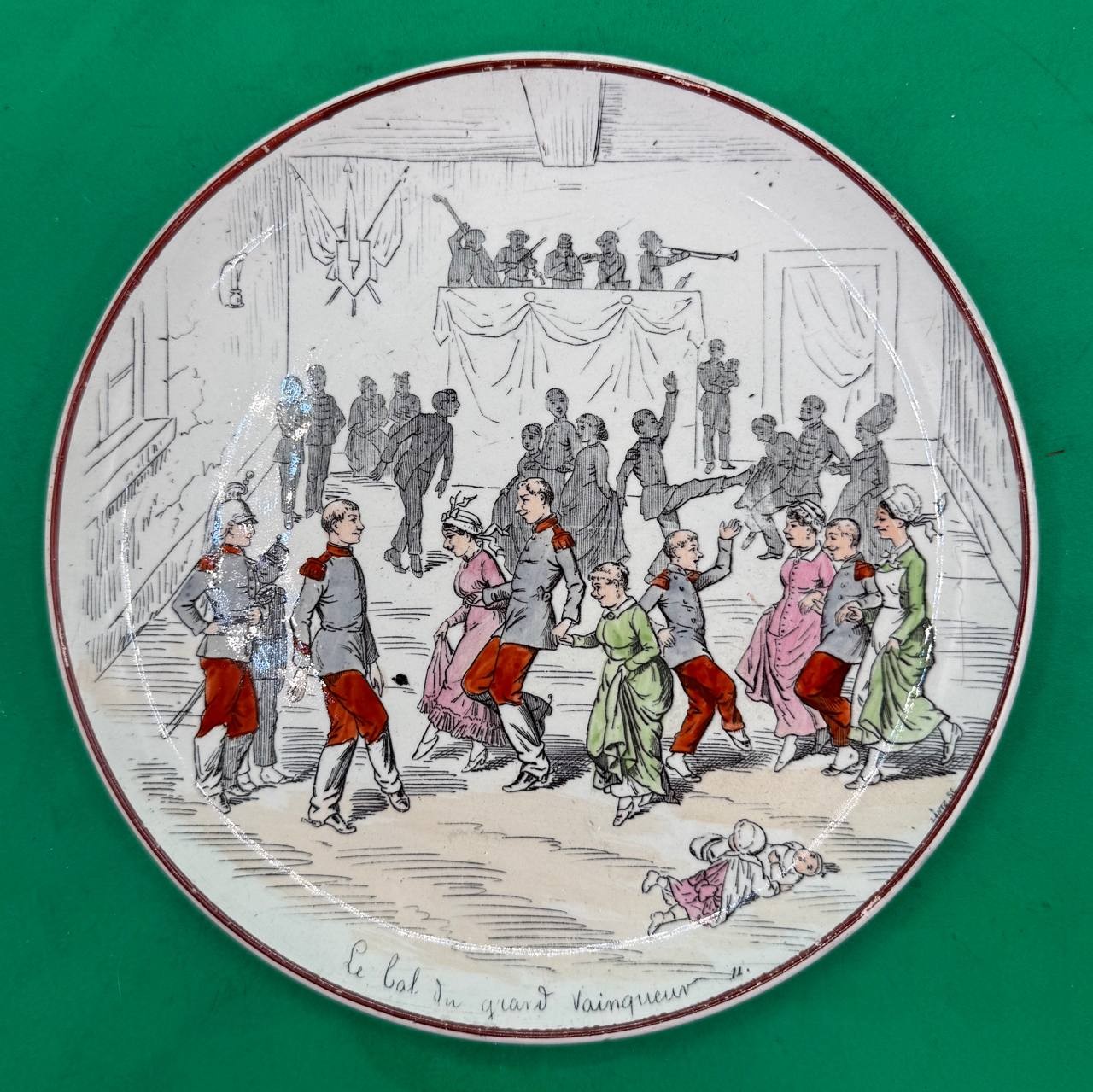 Antique French Transferware Plate Vie de Caserne Le Bal du Grand Vainqueur SR