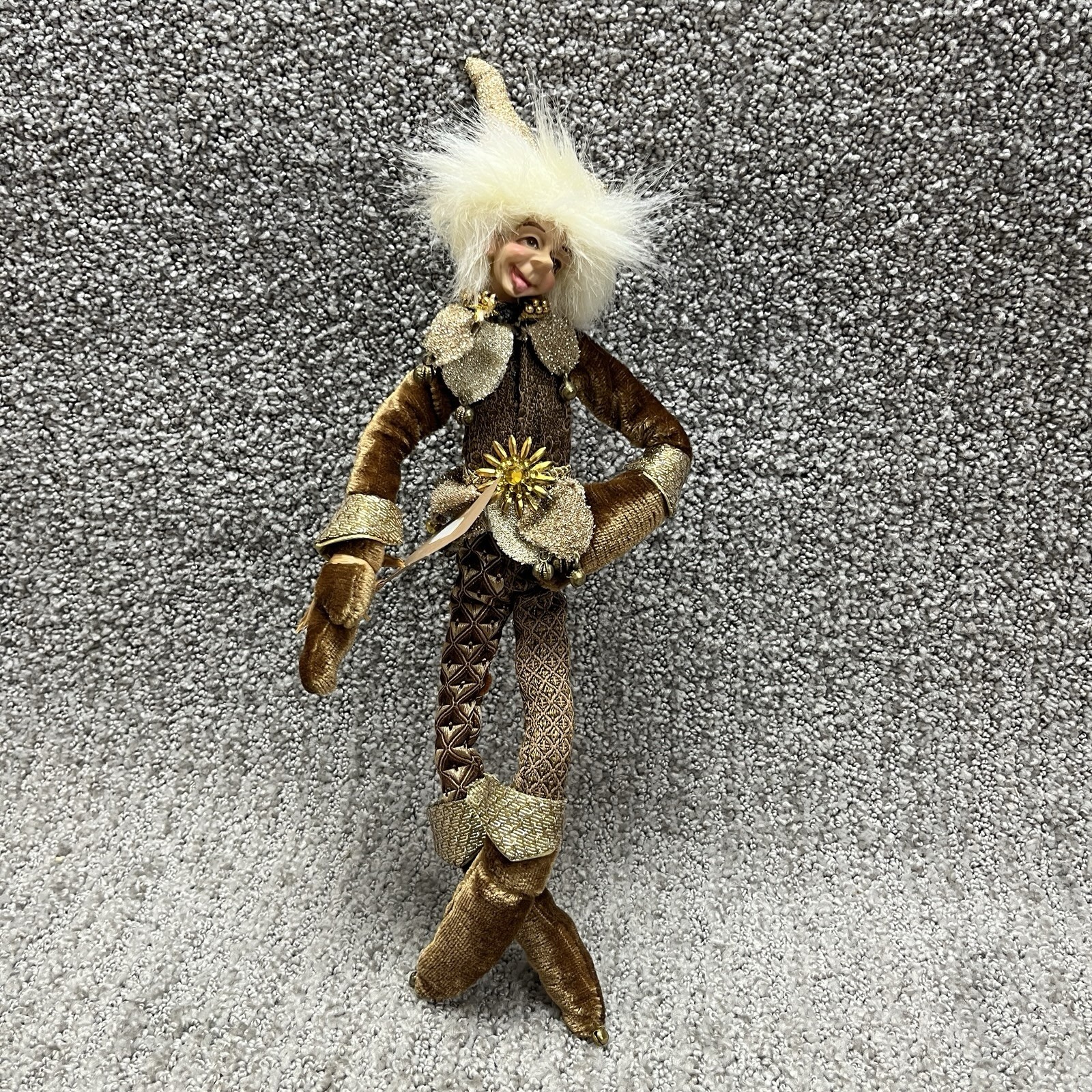 VTG Twigs Boutique Poseable Elf Pixie Jester Doll Bronze Gold Brocade Faux Fur