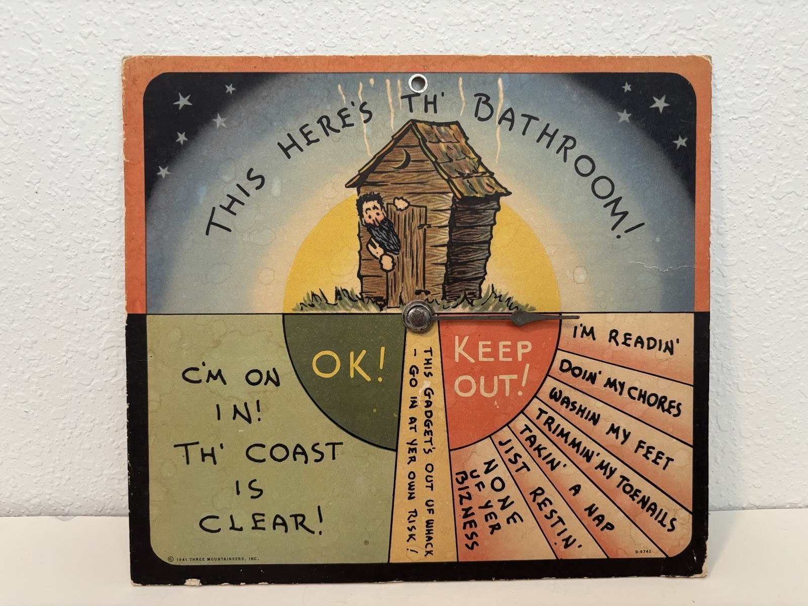 Antique 1941 Novelty Outhouse Humor Sign With Spinner And Sayings