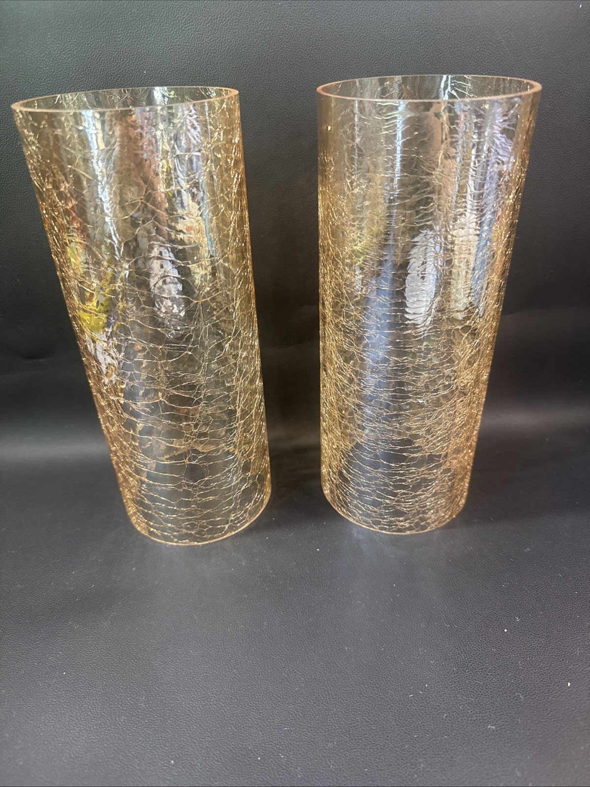 2 MCM Amber Iridescent Crackle Glass Cylinder Hurricane Chimney Shade 8 ¾”