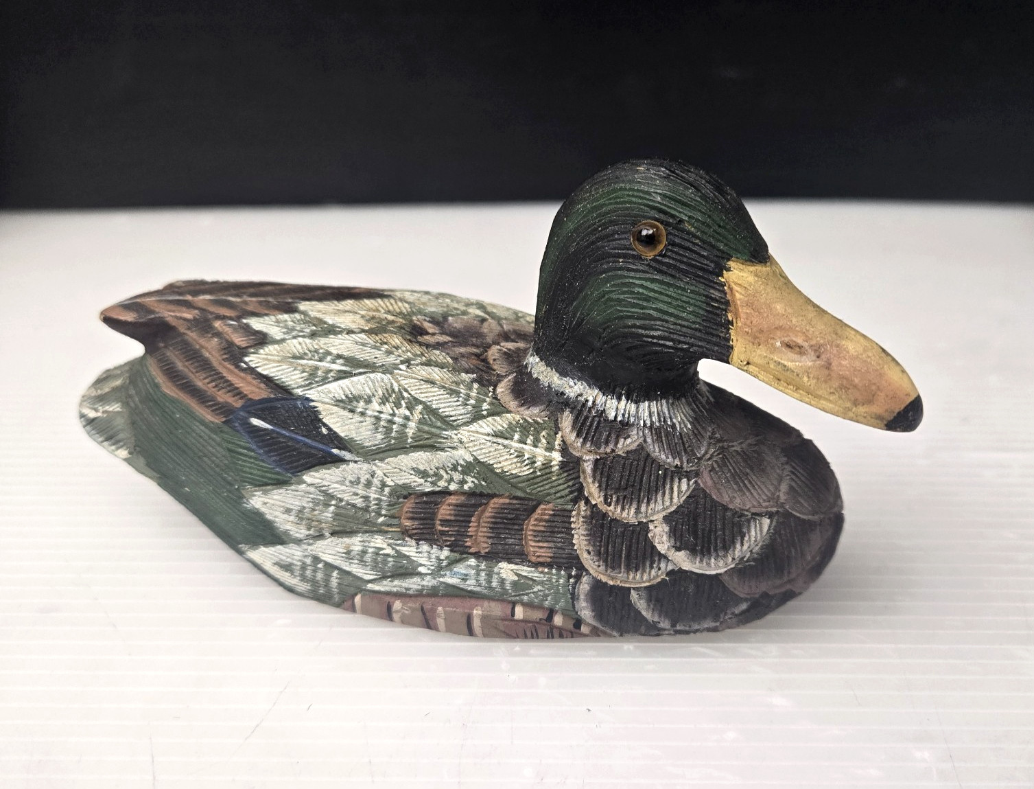 Vintage Hand Carved Wood Mallard Duck Decoy Figurine Painted Glass Eyes 6”