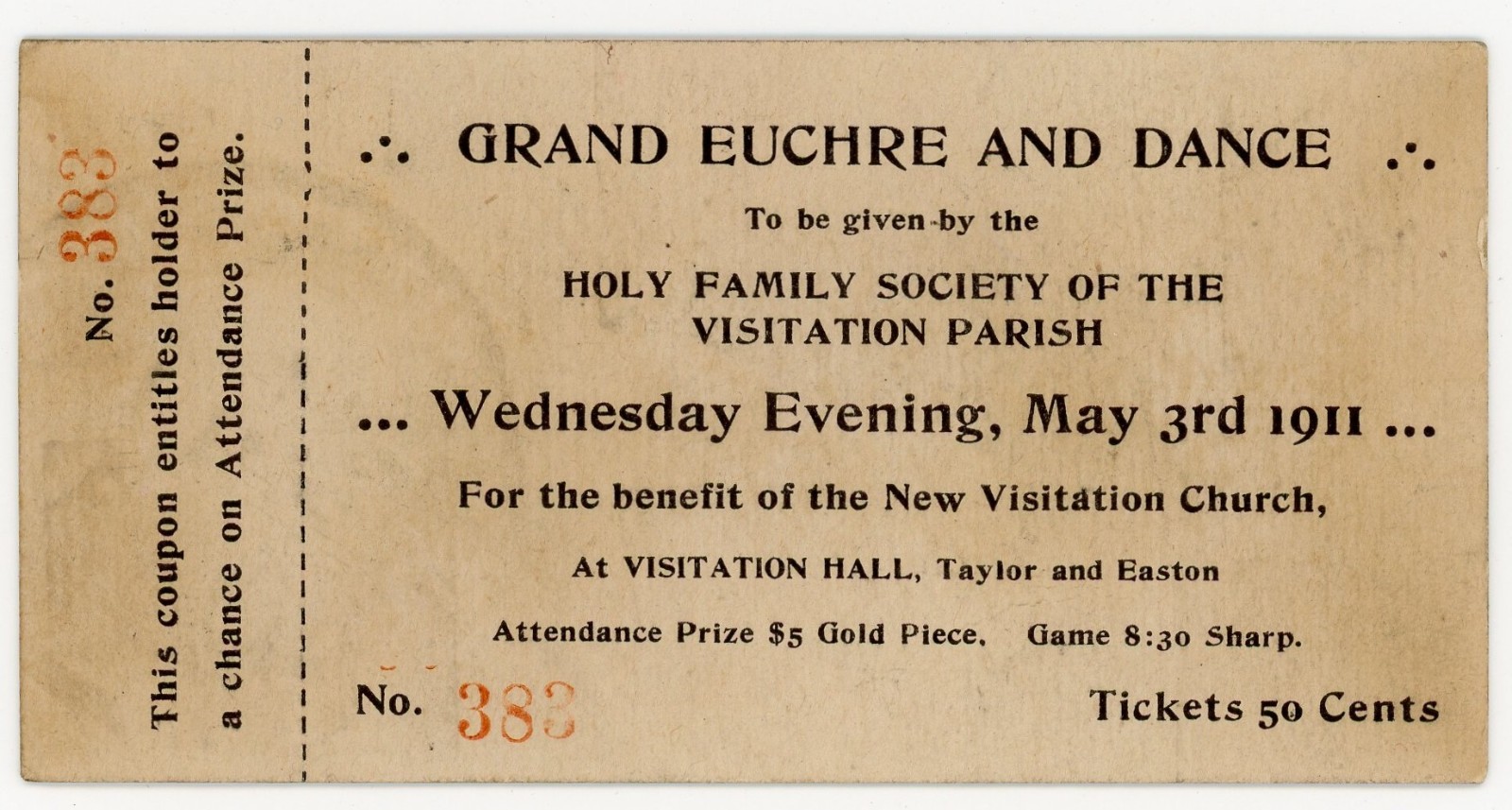 1911 St. Louis Church Dance Ticket Grand Euchre & Dance Visitation Parish