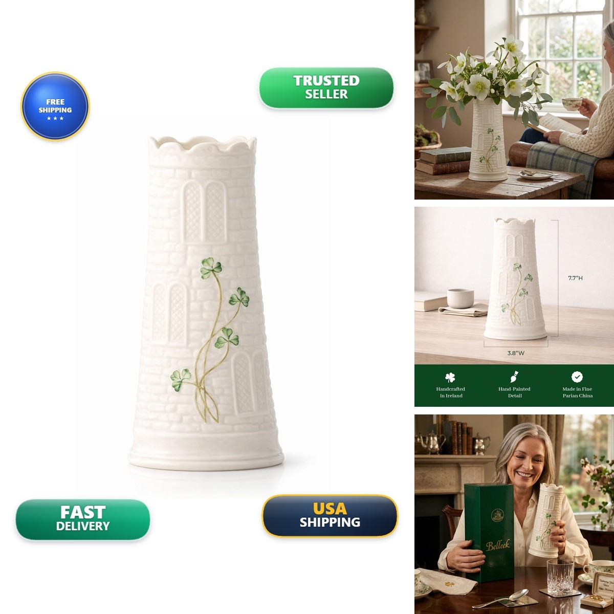 Belleek Classic Castle 7.7-Inch Vase, Made In Ireland Handcrafted Parian China
