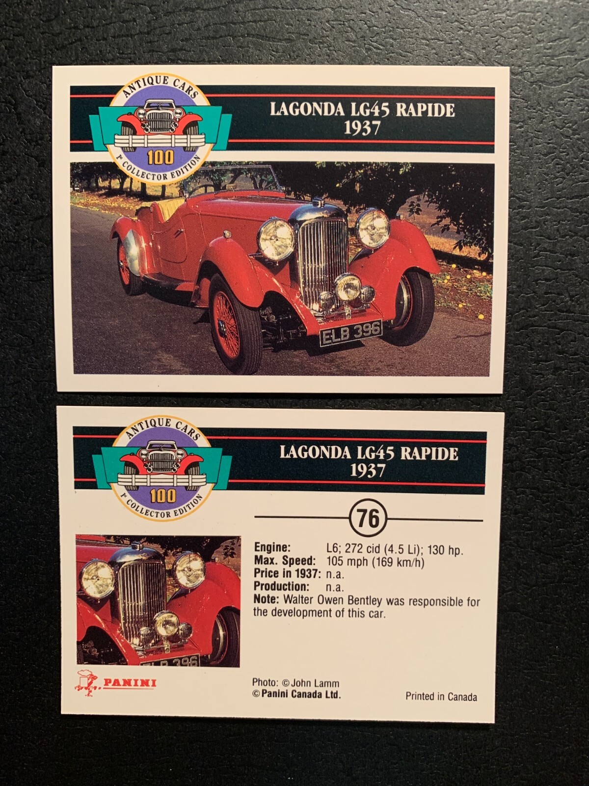 LAGONDA LG45 RAPIDE 1937      Panini Antique Cars   Collector Edition  Card #76