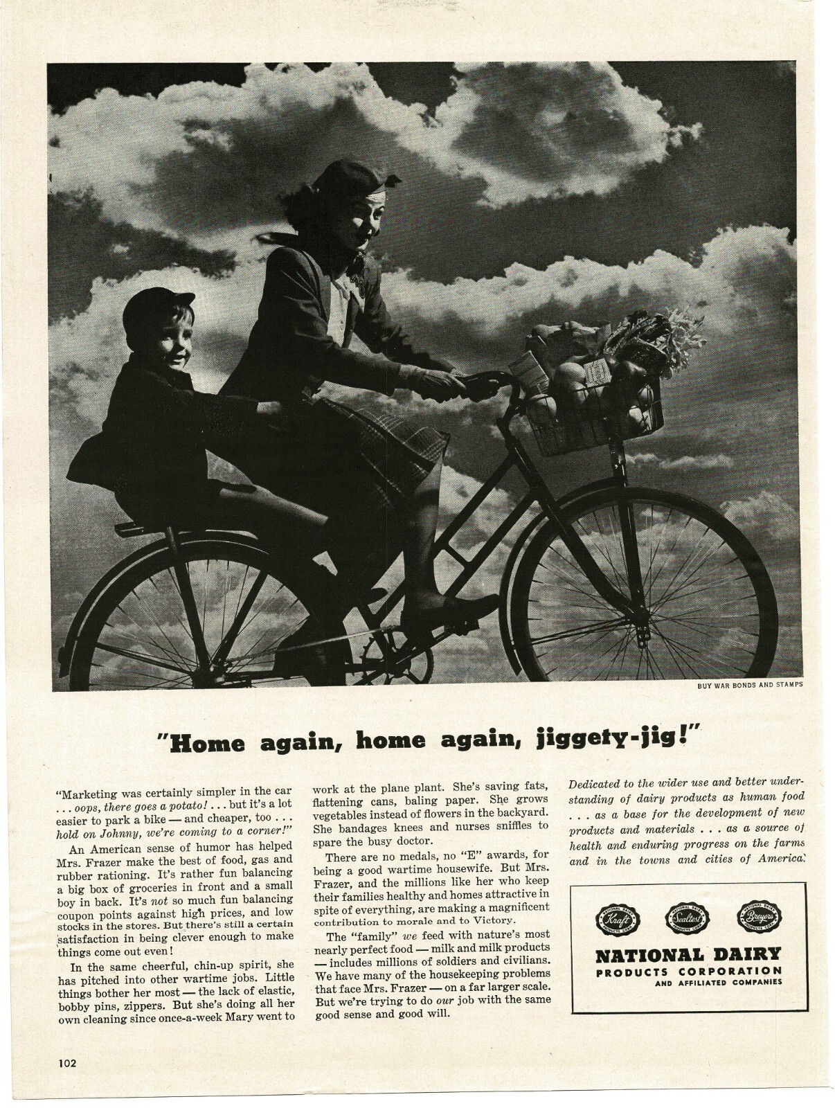 1944 National Dairy Mother and Son on bicycle Vintage Print Ad