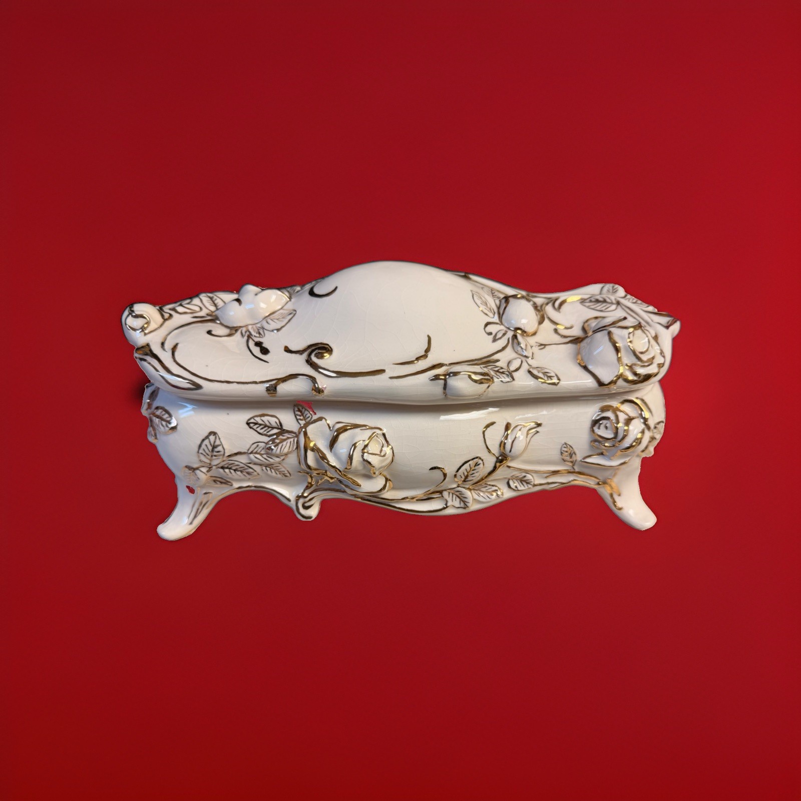 Vintage Porcelain Rose Jewelry Casket Box Large 10” Footed Gold Gilt