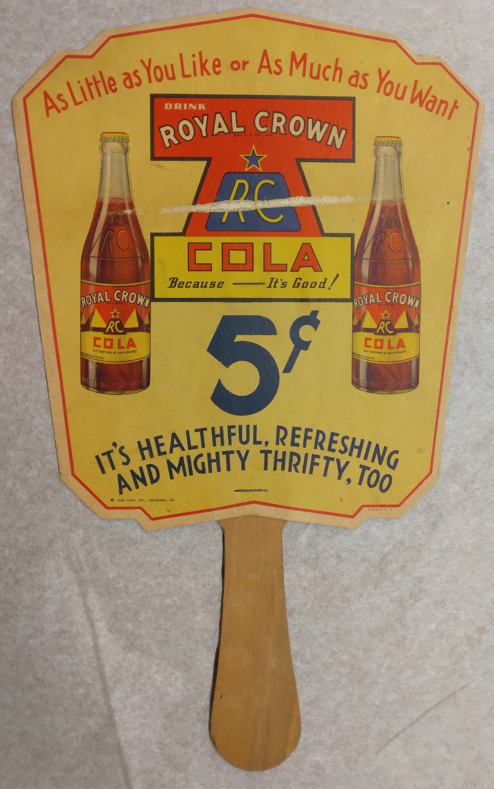 1945 Royal Crown Cola Hand Ad Fan - RARE Contest on Back