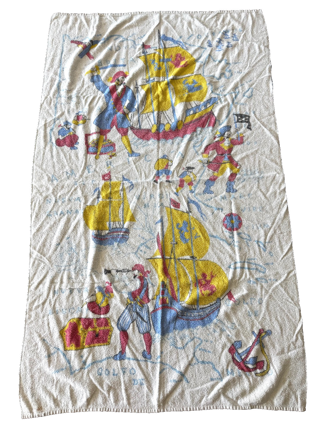 Vintage 1960s Cannon Pirate Ship Cotton Beach Bath Towel Retro Large Cotton RARE